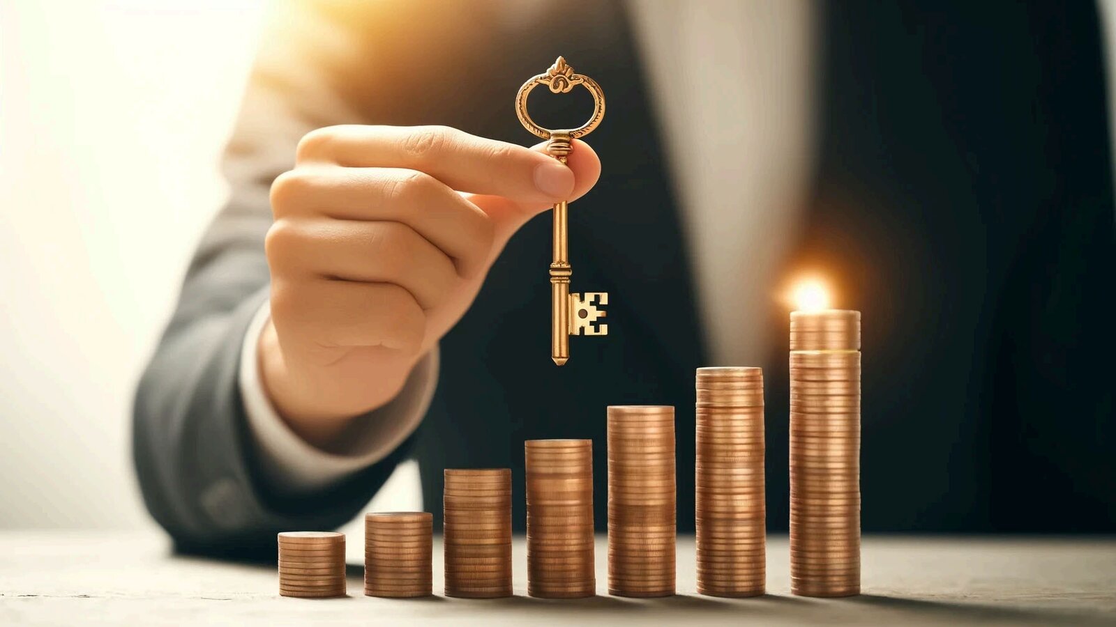 A hand holding a golden key above rising stacks of coins, one topped with a lit candle.