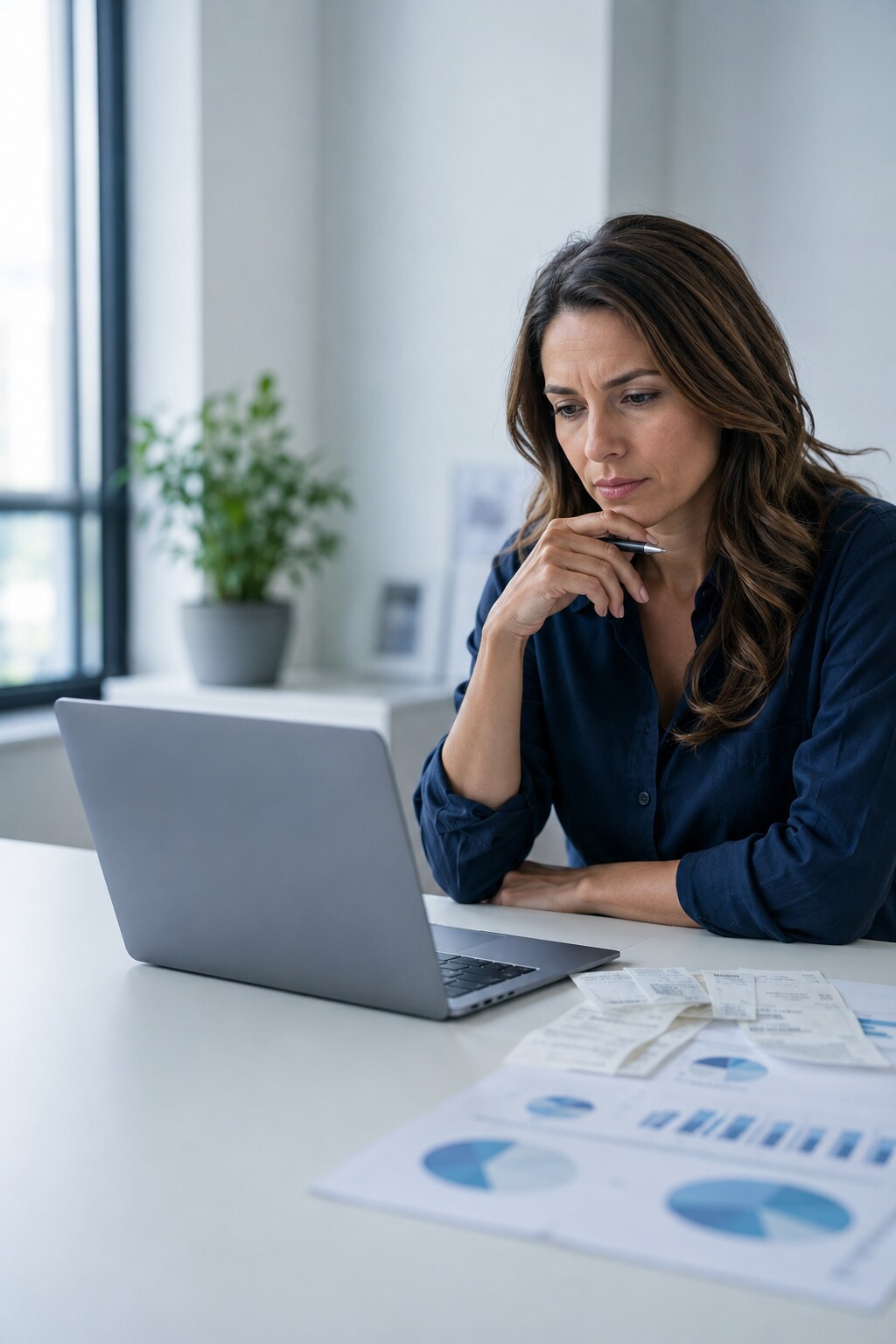 An eCommerce founder looking thoughtfully at her laptop, wondering where her profit is going.