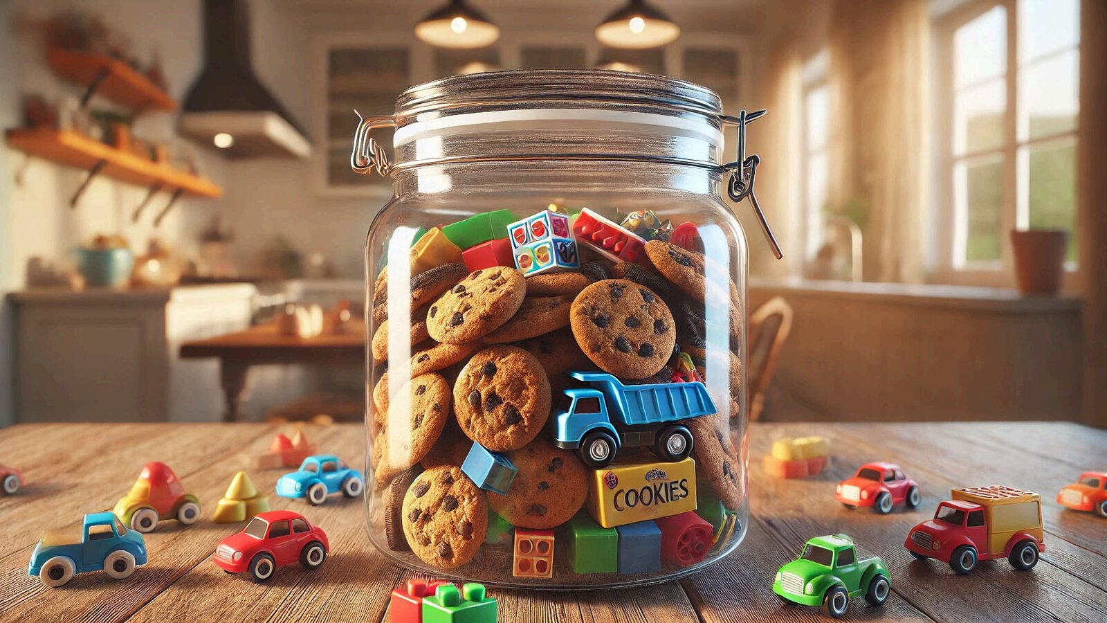 A glass cookie jar filled with cookies and toy blocks on a kitchen counter.