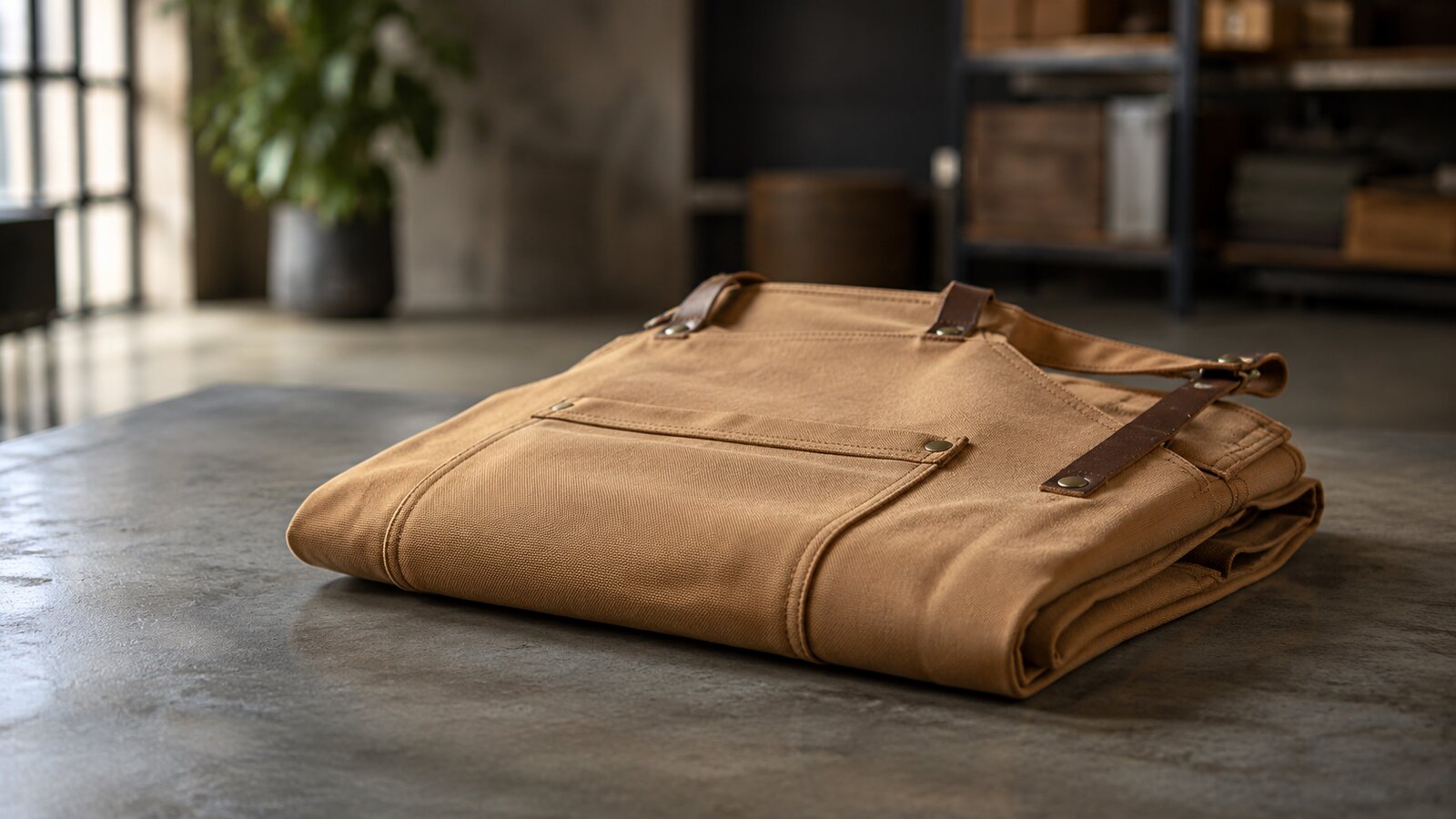 A folded tan cotton canvas work apron on a polished concrete surface with a small navy-and-green customs label reading HTS AUDIT.