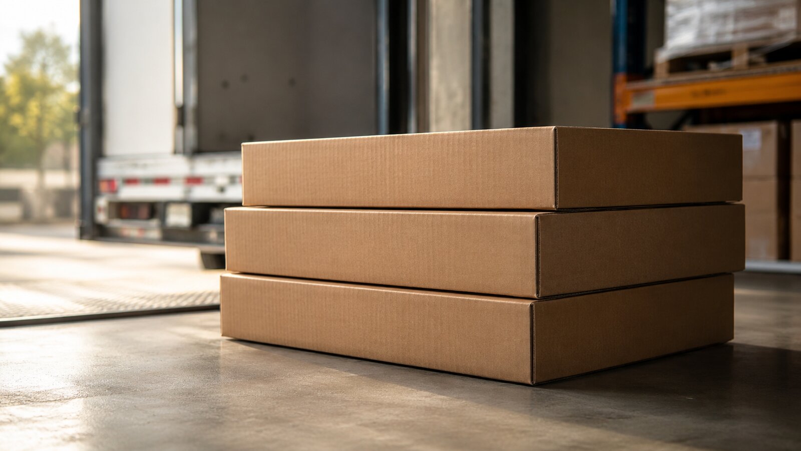 A stack of three flat-packed cartons on a polished concrete loading dock, with a small navy-and-green shipping label reading INCO TERM AUDIT.