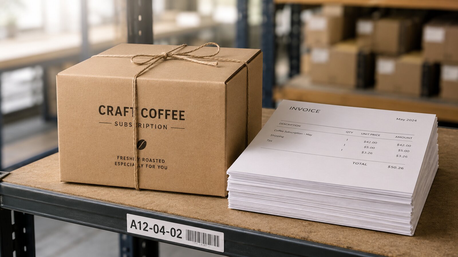 A kraft coffee subscription box on a warehouse pick shelf beside a stack of monthly invoices with one accessorial fee line highlighted.