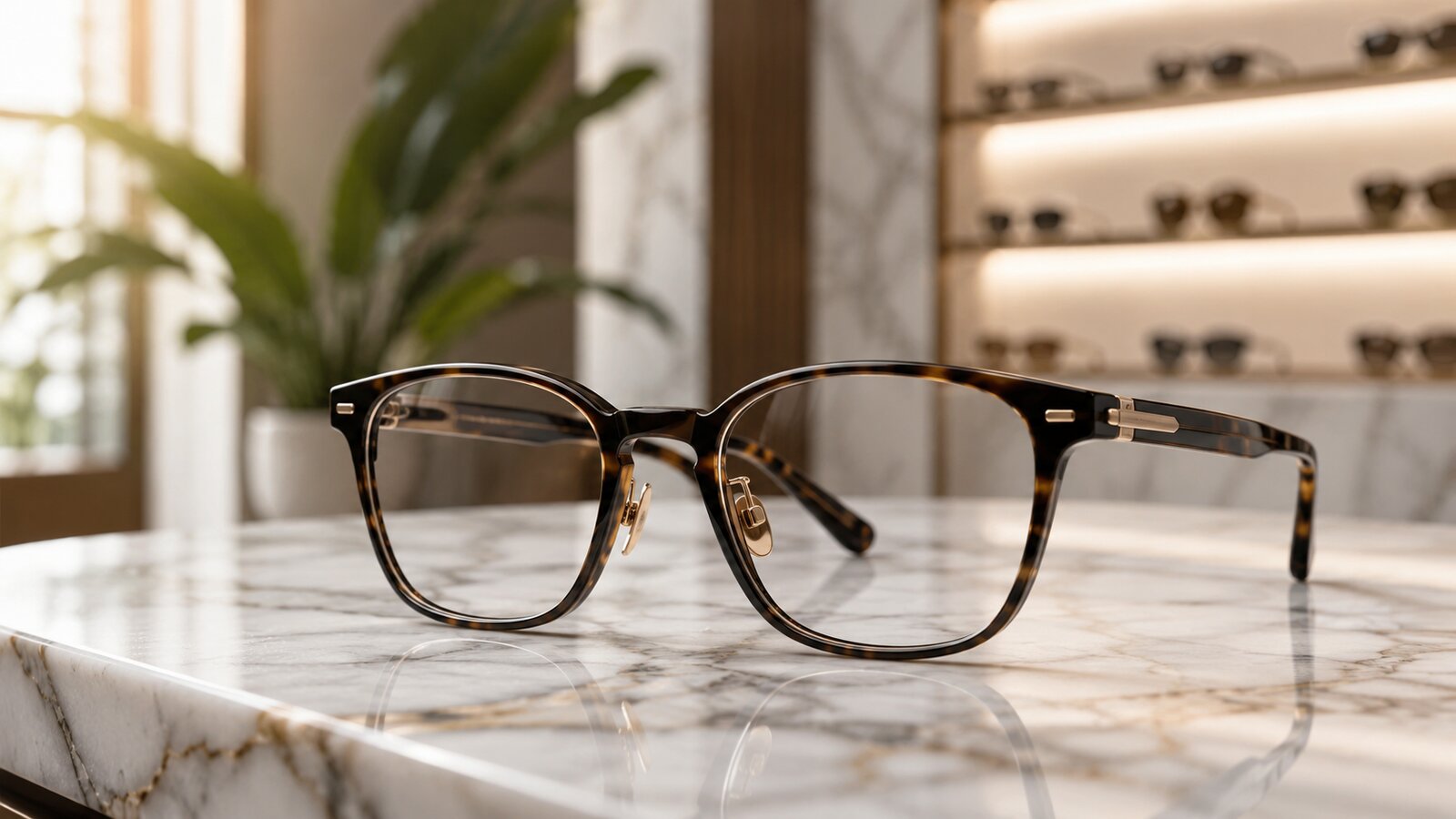 A pair of premium eyeglasses on a marble surface with a small tag reading Rate Re-bench.