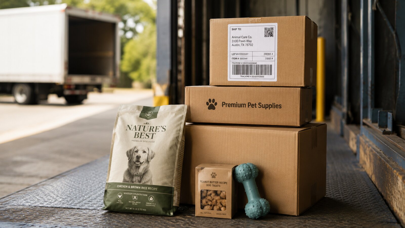 A stack of pet-supply boxes on a warehouse loading dock with a carrier shipping label on the top box.