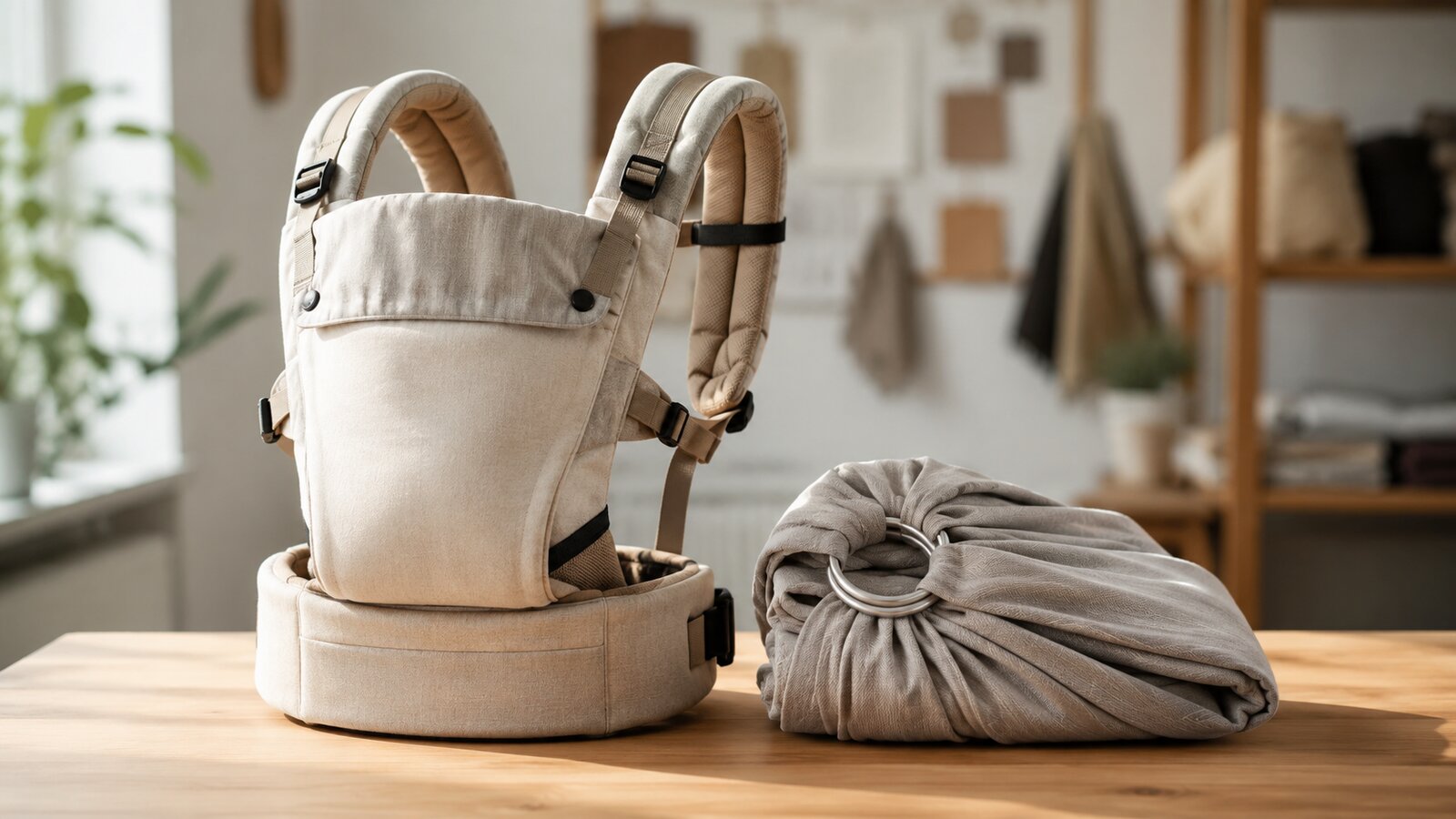 Two baby carriers side by side on a light-wood surface, a structured carrier and a folded ring sling, with a navy-and-green label reading LAUNCH MODEL.