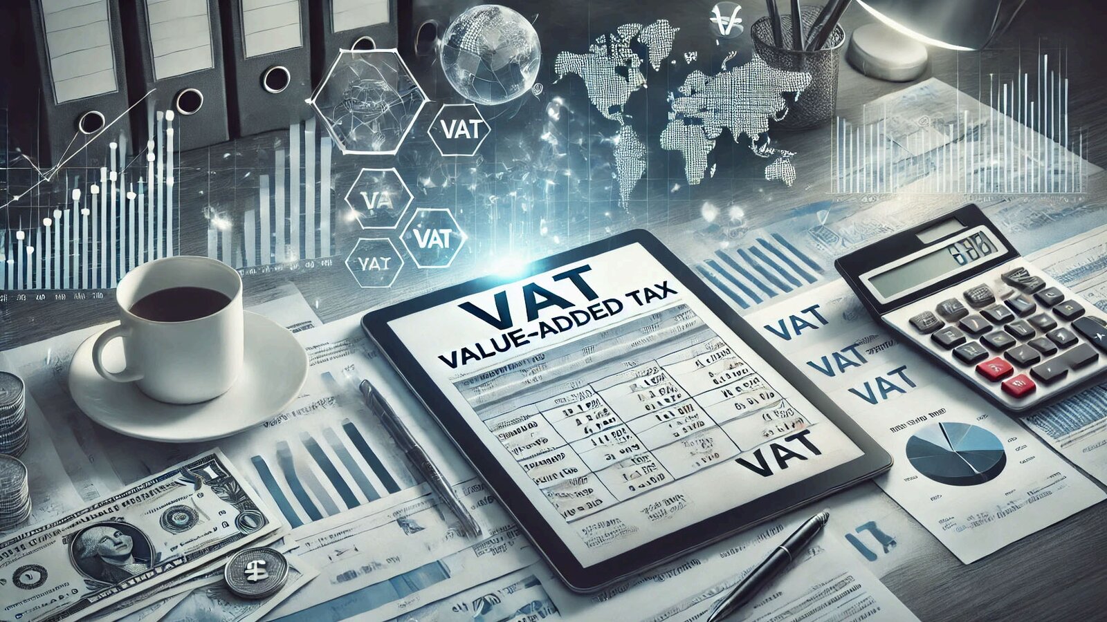 A tablet showing a VAT value-added tax return on a desk with a calculator, coffee and charts.