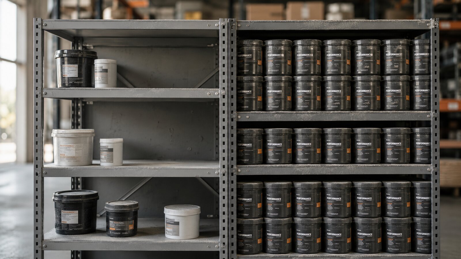 A warehouse shelving unit with one near-empty half and one densely packed half, a navy-and-green shelf tag reading SLOW MOVER on the packed side.