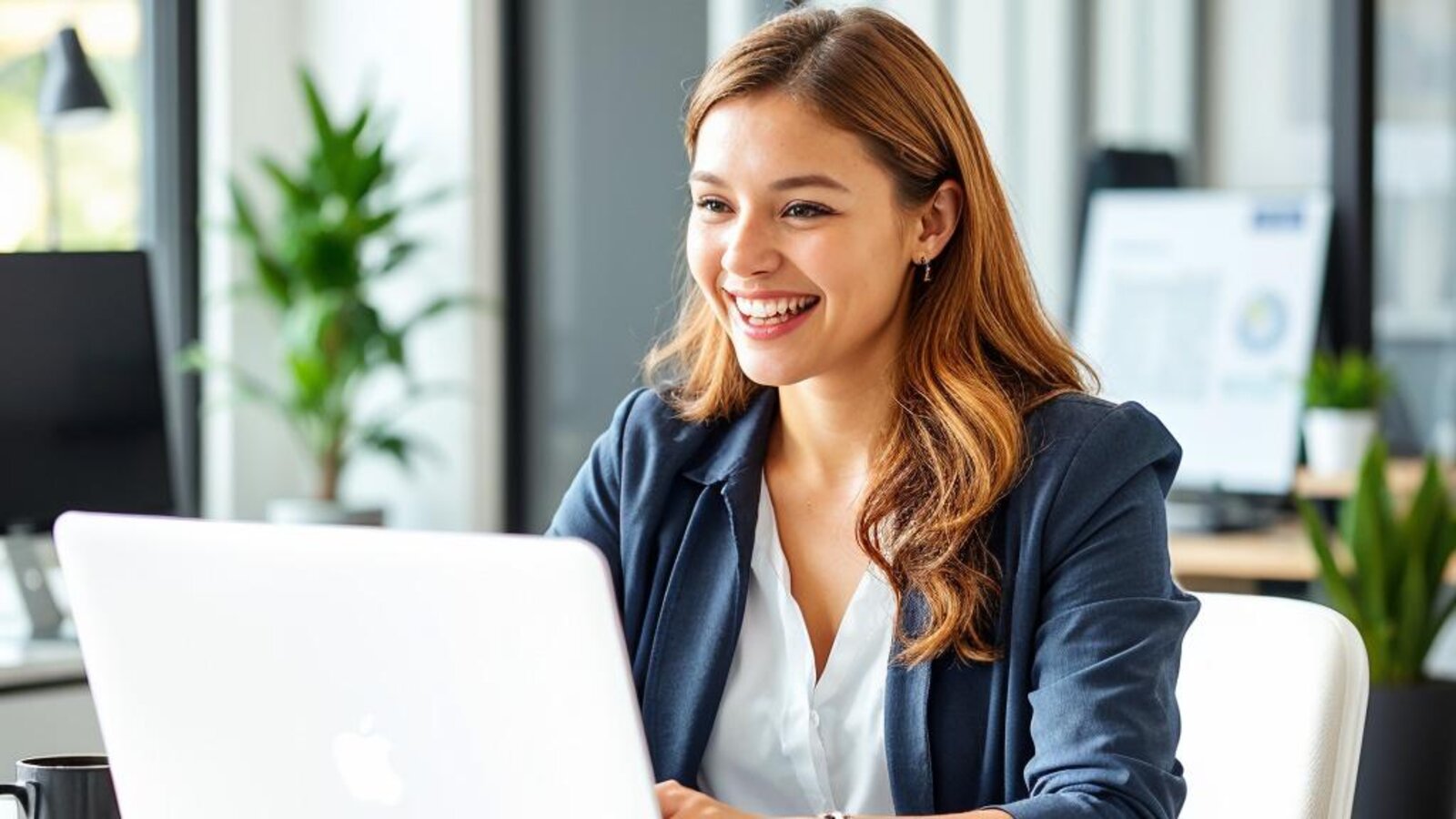 A smiling founder working on a laptop in a bright office.
