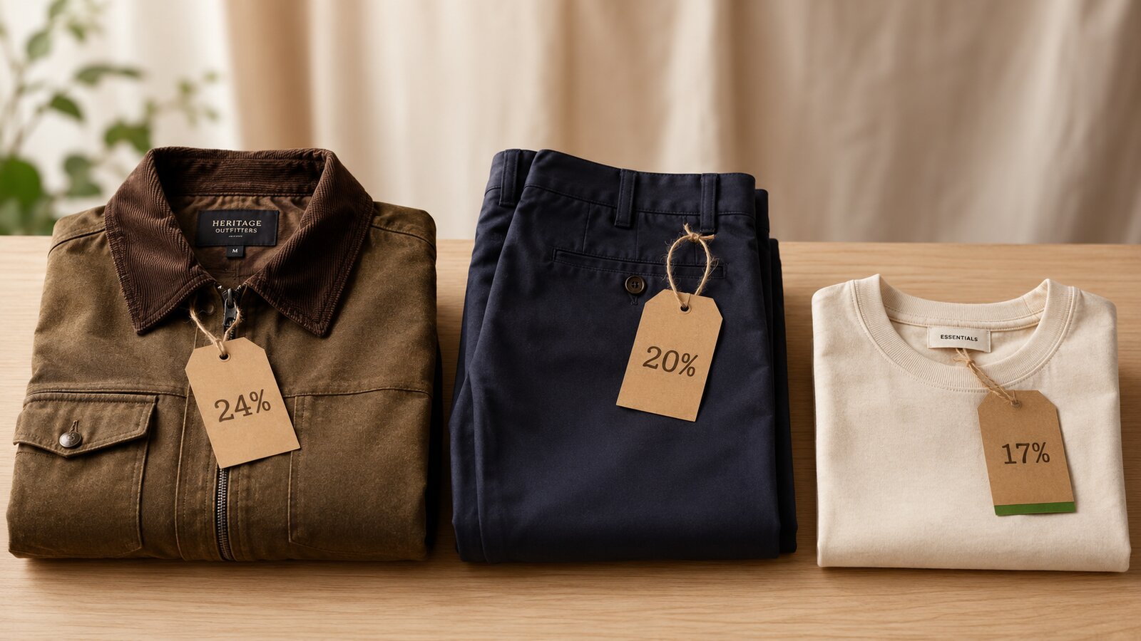Three folded apparel items on a light wooden surface, each carrying a small kraft tag stamped with a return-rate percentage.