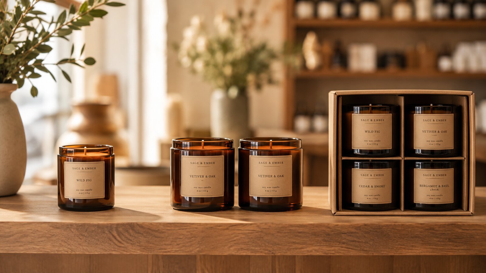 Three artisan candles on a wooden shelf, a single jar, a pair, and a four-candle gift box, with a free-shipping-over-$80 shelf tag.