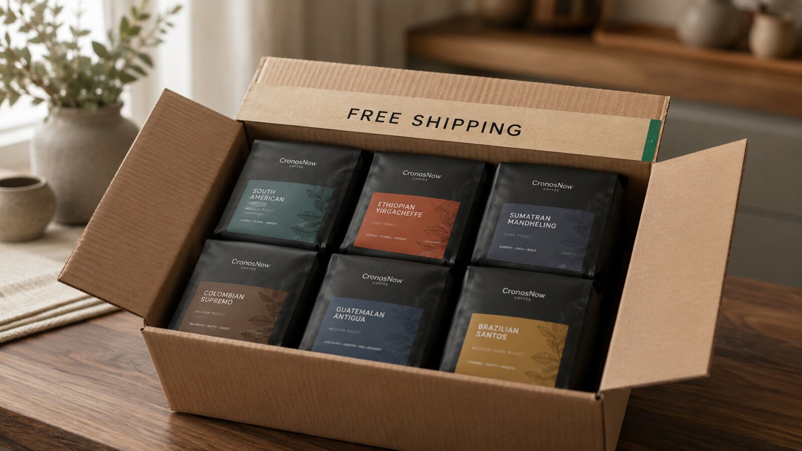 An open shipping box of premium coffee bags on a walnut counter, kraft tape across the top labeled free shipping.
