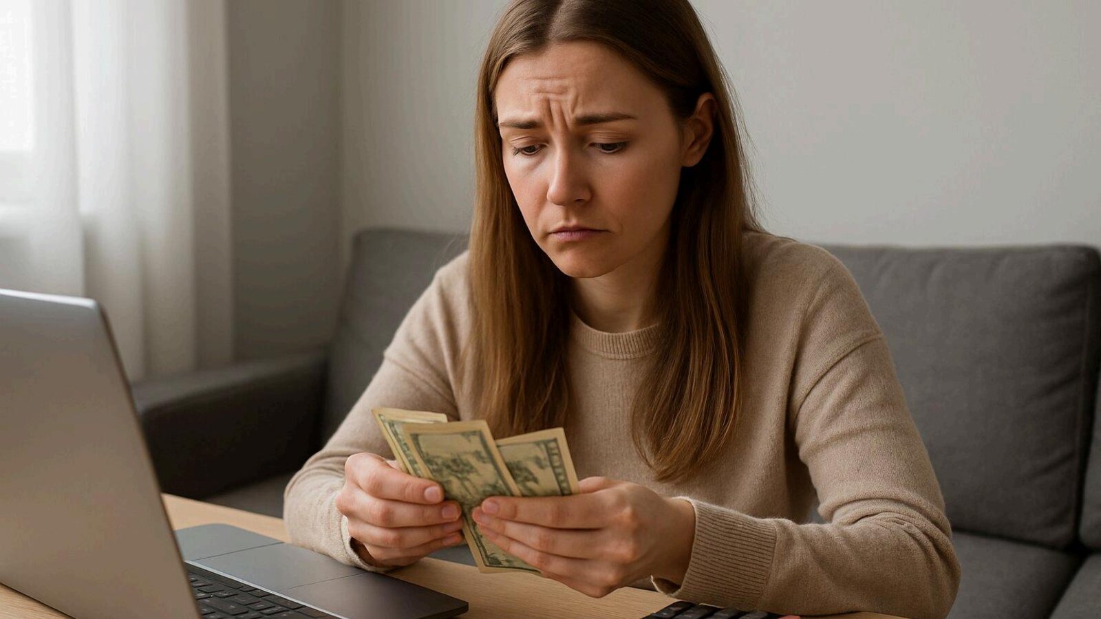 An eCommerce founder counting cash at her laptop with a calculator, worried about her margins.