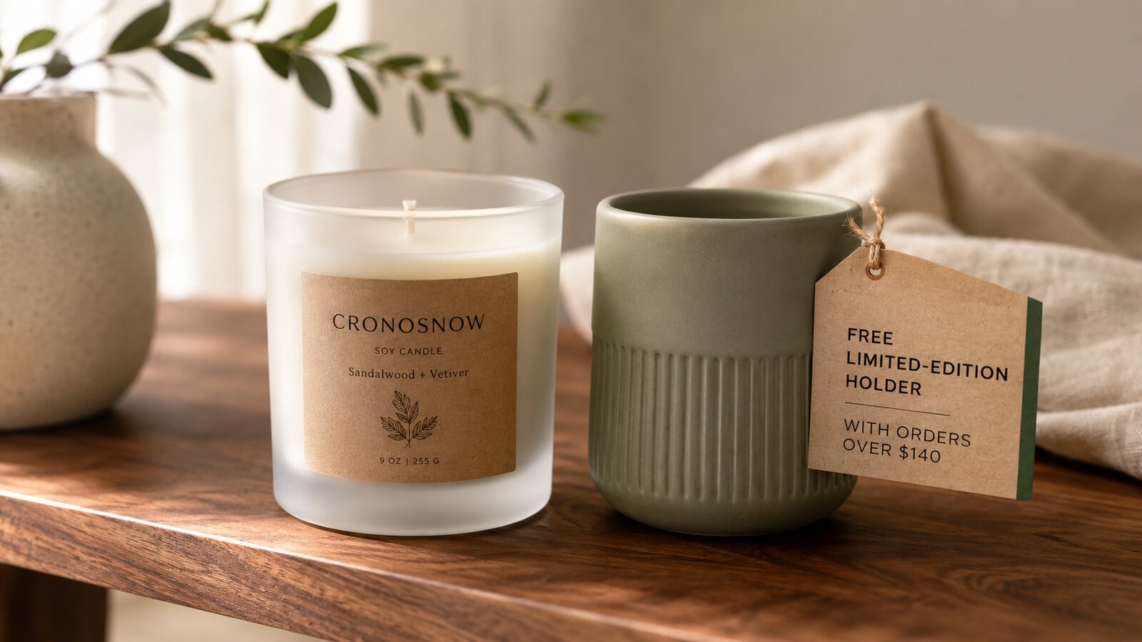 A premium soy candle beside a sage ceramic holder tagged as a free gift on orders over $140.
