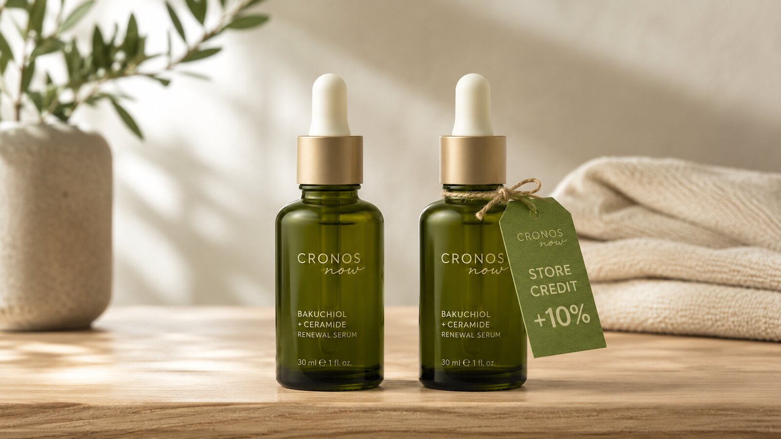 Two boutique skincare serum bottles side by side on a light wooden counter, the right one carrying a small green kraft tag reading STORE CREDIT +10%.