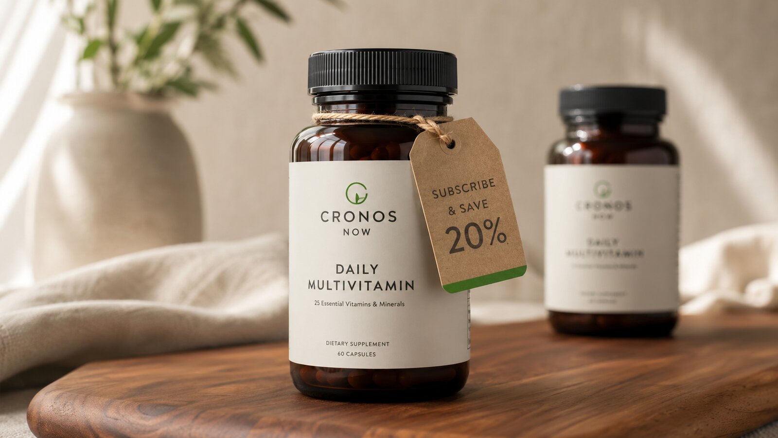 A premium multivitamin bottle with a kraft tag reading subscribe and save 20 percent.