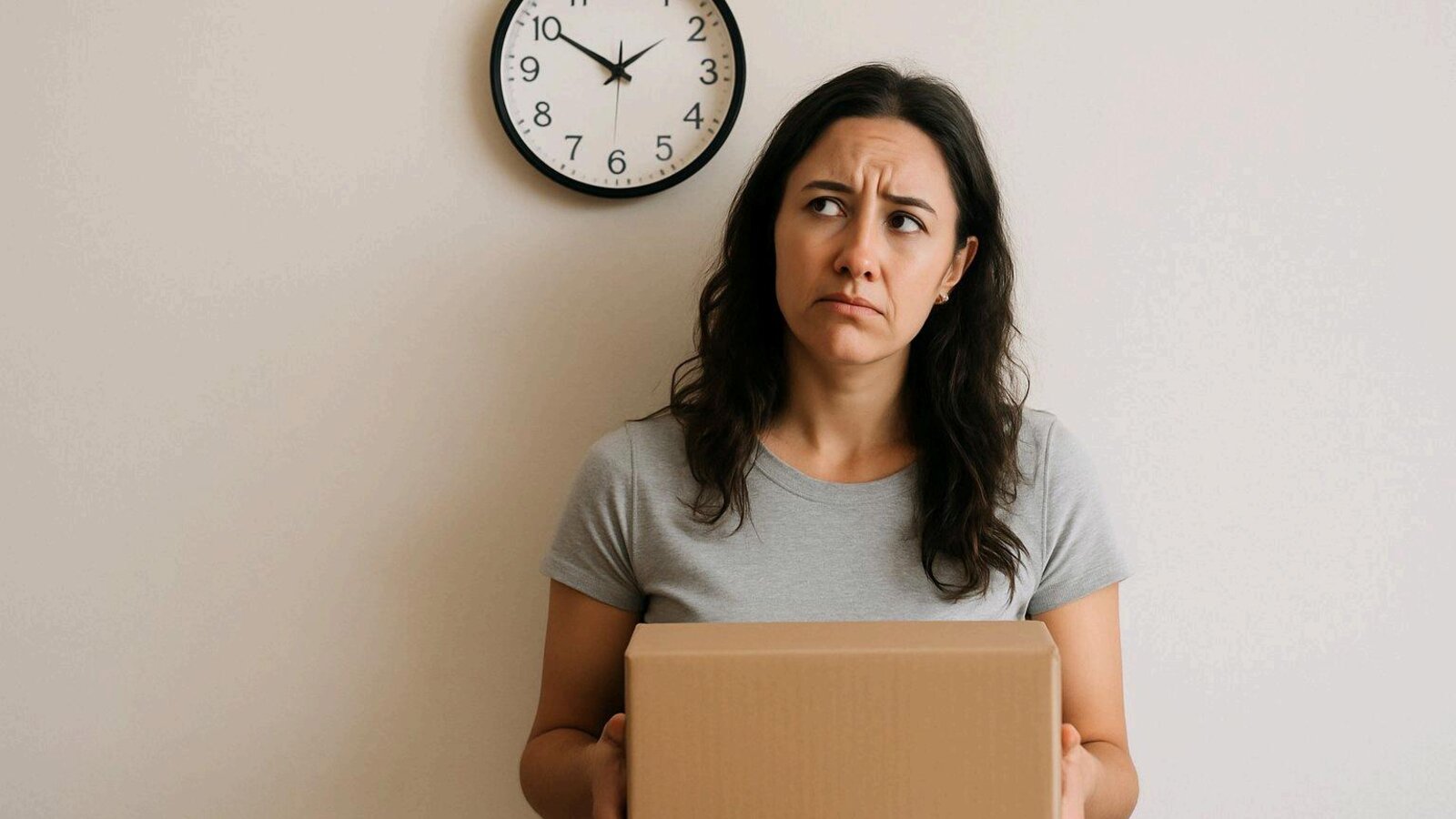 A worried founder holds a cardboard box under a wall clock, waiting on stock.