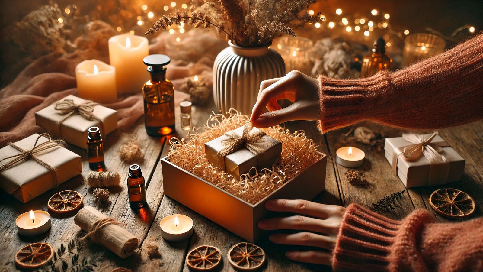 Two hands arranging a gift box of artisan candles and dried oranges on a rustic wooden table lit by warm fairy lights.
