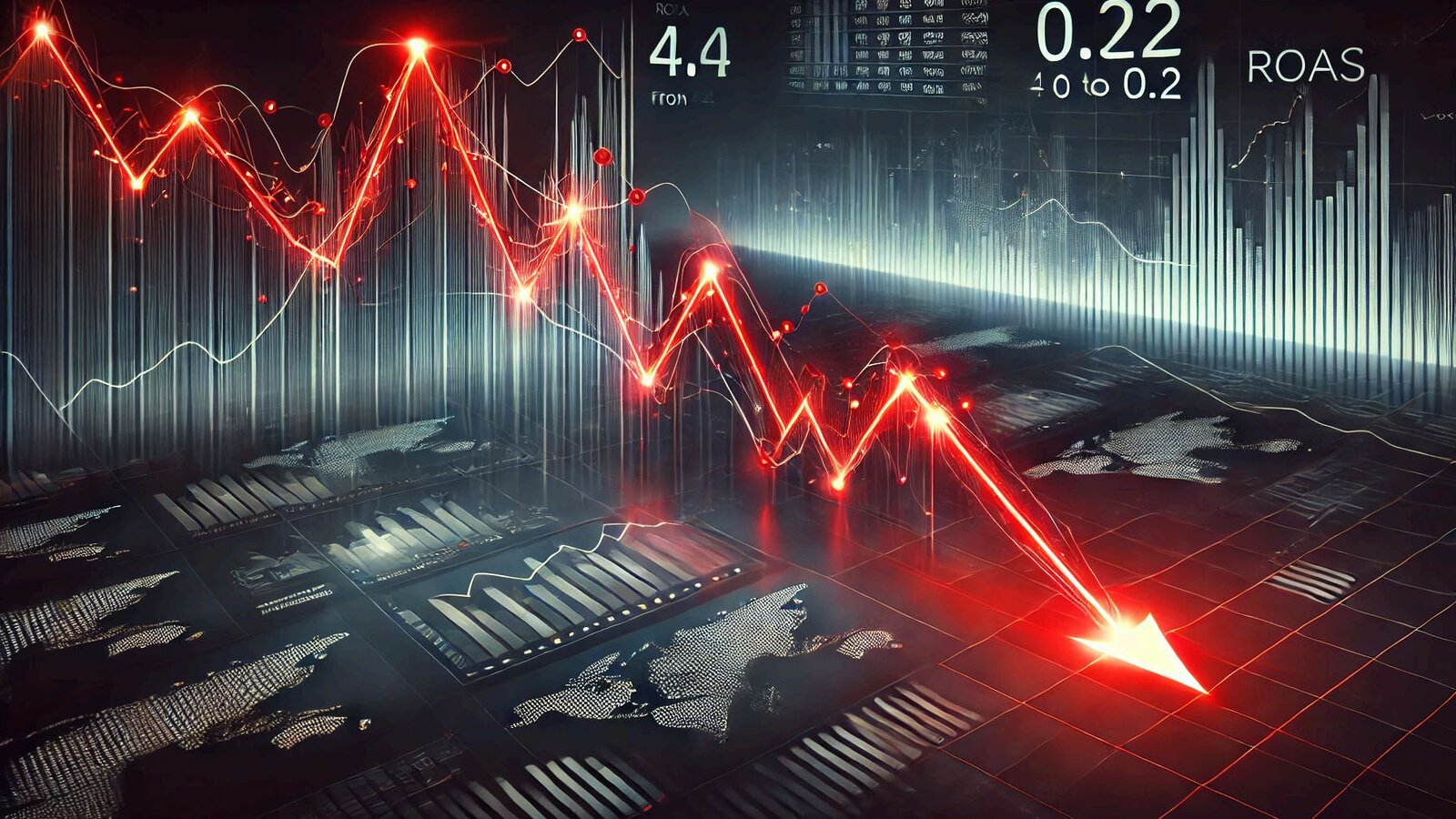 A dashboard with a red trend line crashing downward, labeled from a 4.4 ROAS to 0.22.
