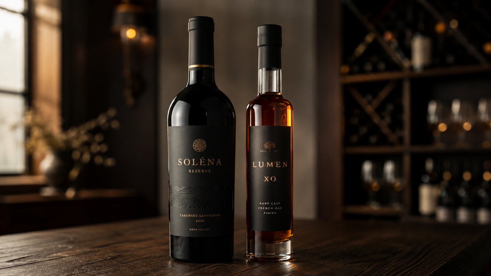 Two premium bottles, a dark wine bottle and a slim spirit bottle, on a dark wooden surface with a small BRAND vs PERFORMANCE shelf tag.
