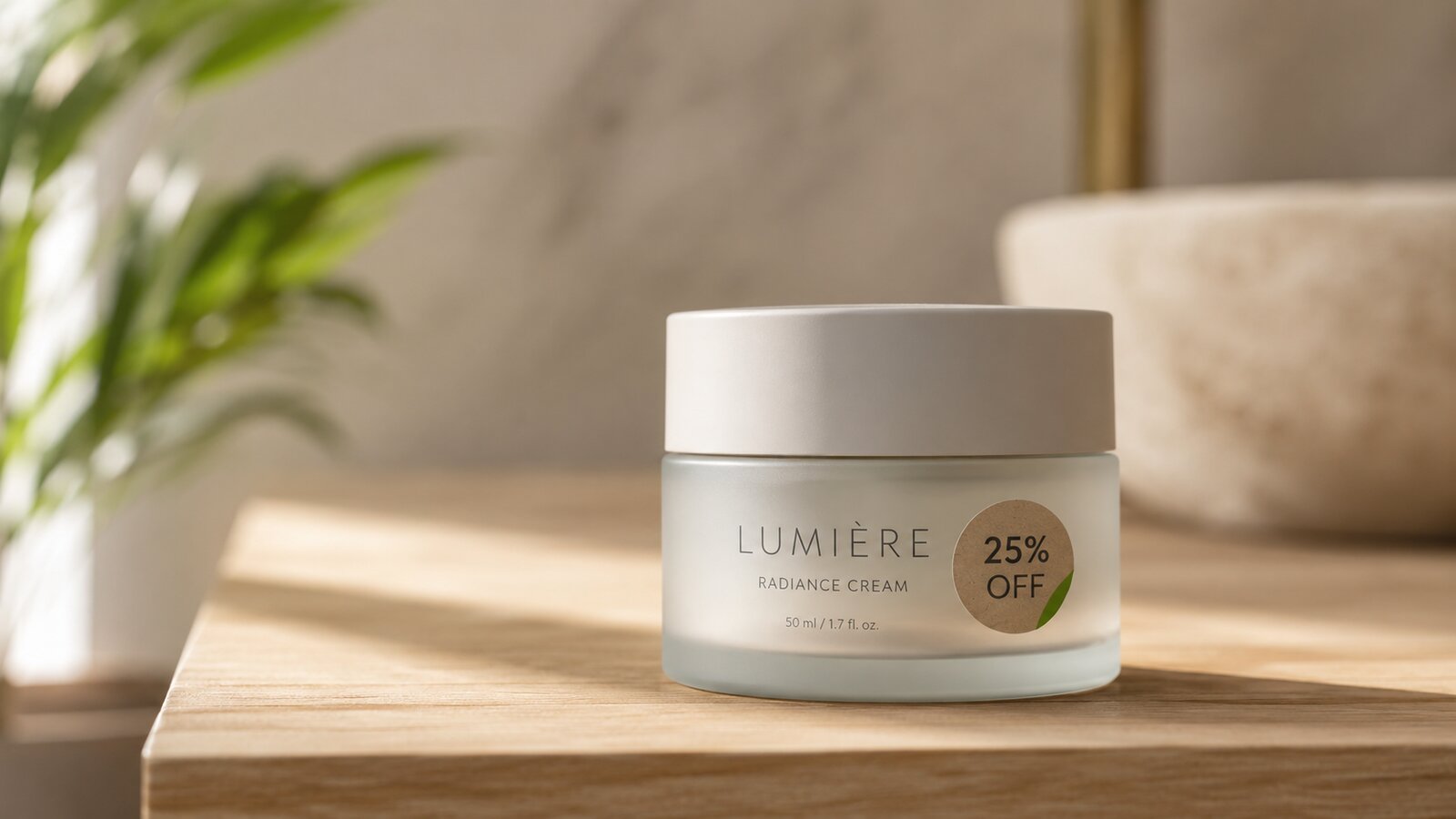 A premium skincare jar with a small 25% off sticker on a light wooden counter.