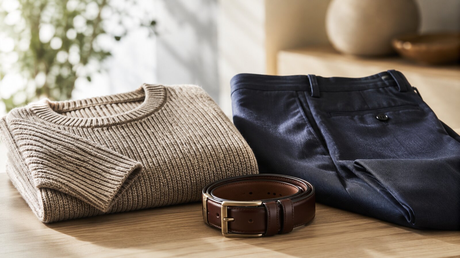 A small apparel display with a folded knit sweater, tailored trousers and a leather belt on a light wooden surface, with a small ONE POOL tag.
