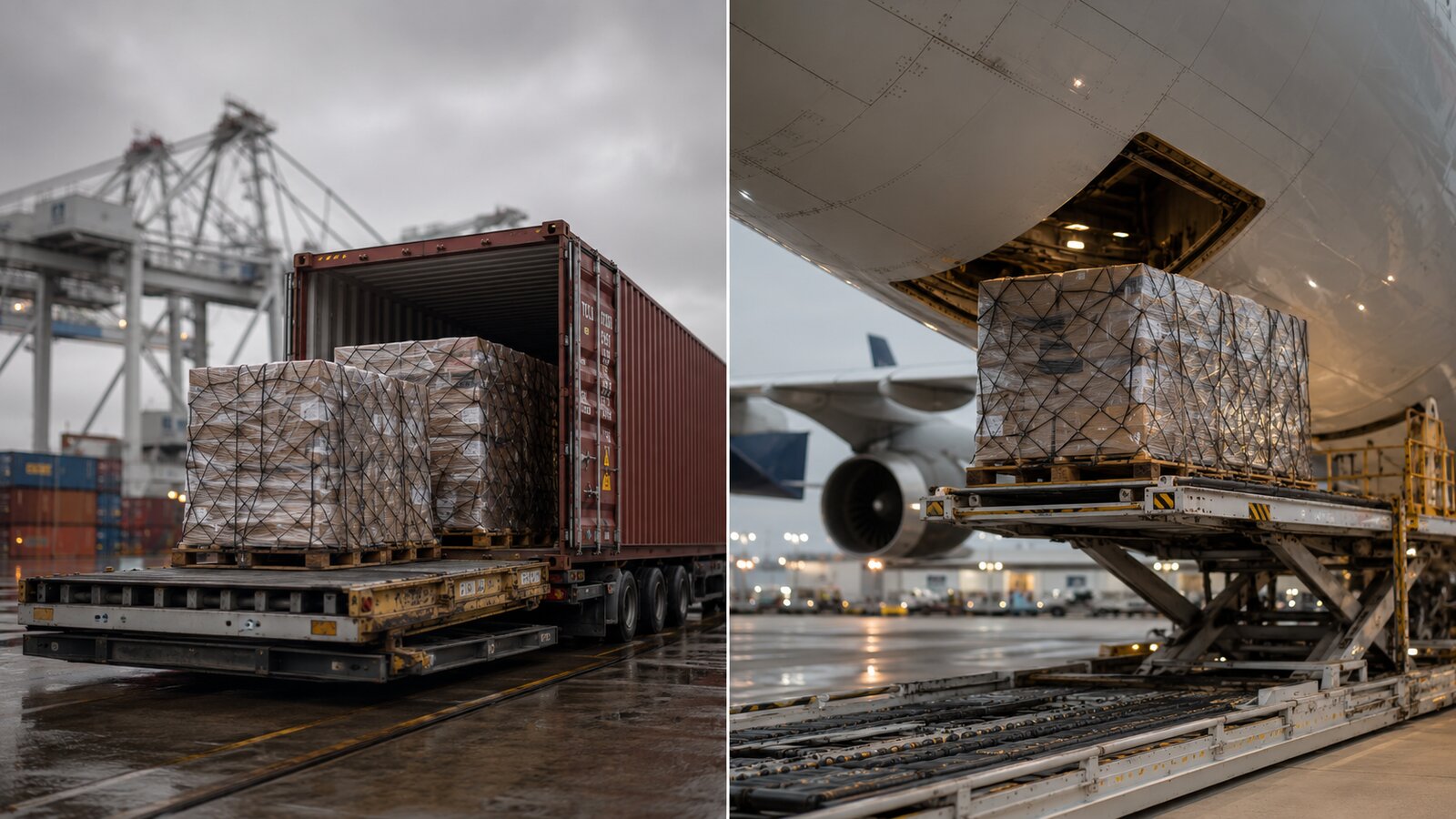 A split-frame view of cargo pallets loading into a shipping container on the left and into a cargo aircraft on the right, with a navy-and-green tag reading SEA vs AIR.