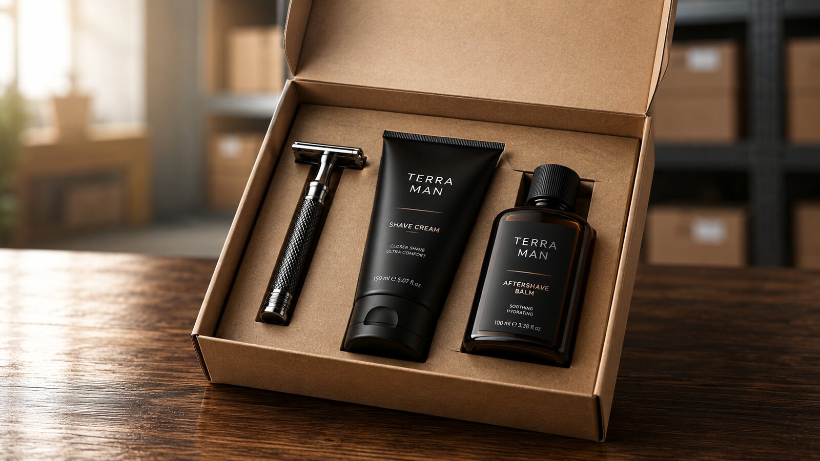 A razor, a tube of shave cream, and a bottle of aftershave arranged together inside one kraft box on a wood surface.