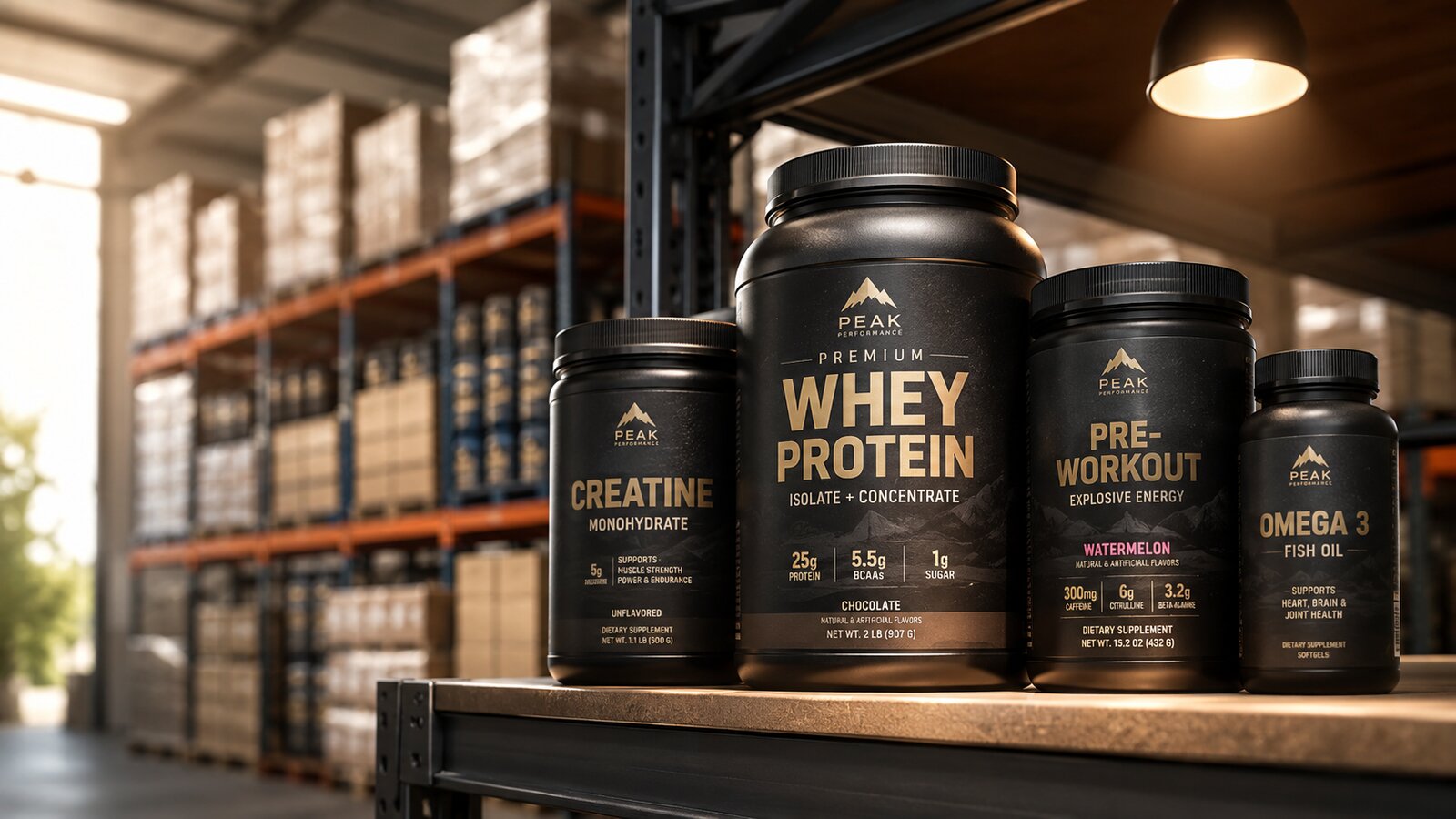 A cluster of supplement tubs under a warm spotlight with restocked inventory behind them and a navy-and-green shelf tag reading TOP PERFORMER.