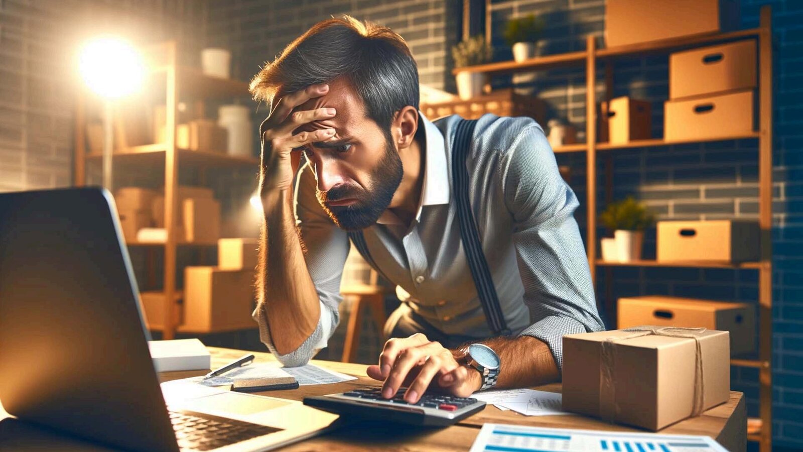 A stressed eCommerce seller at a desk with a laptop, calculator and shipping boxes.
