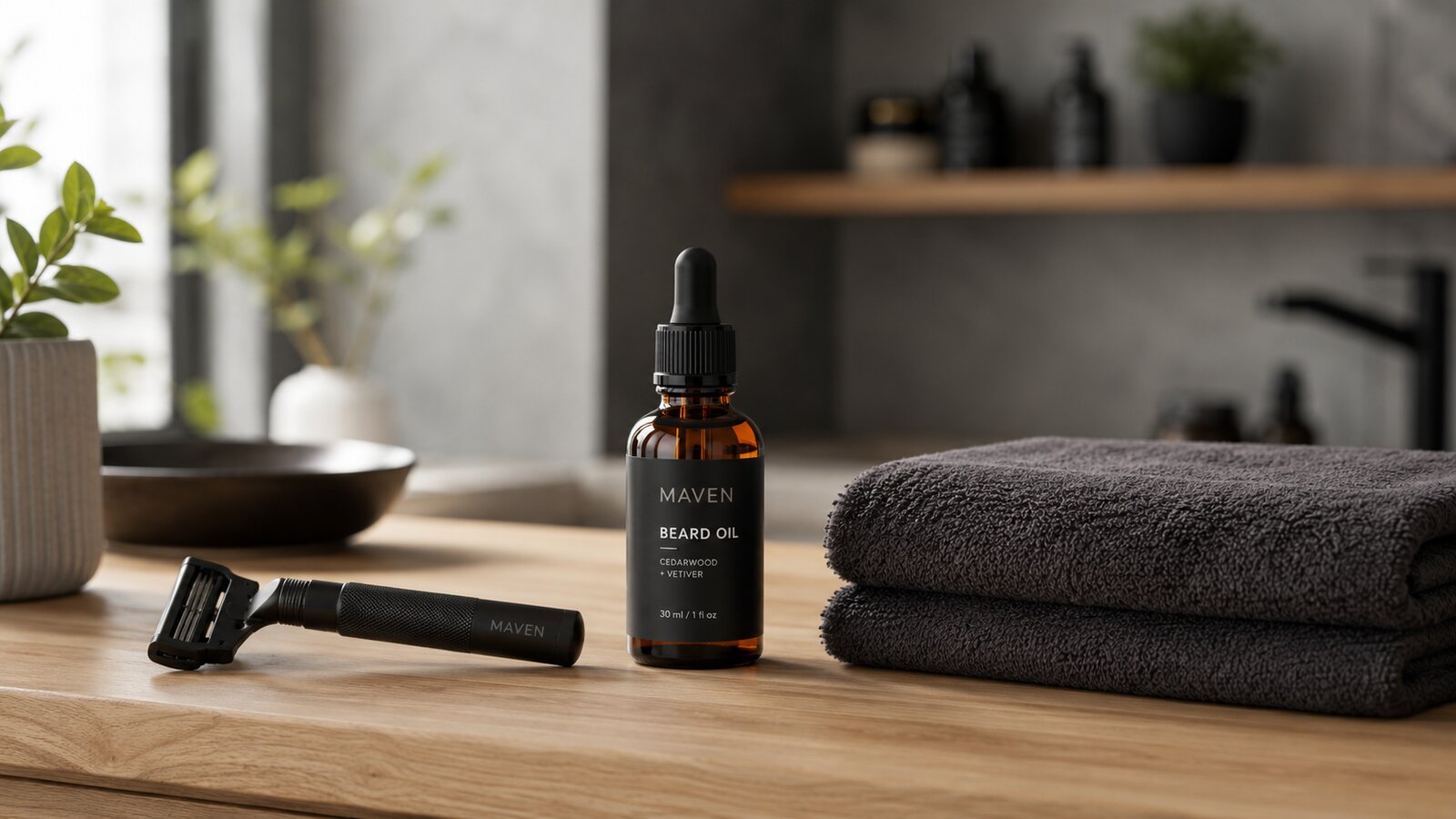 A premium men's grooming kit with a matte black razor and amber beard oil bottle on a light oak counter, with a small TRUE ROAS shelf tag.