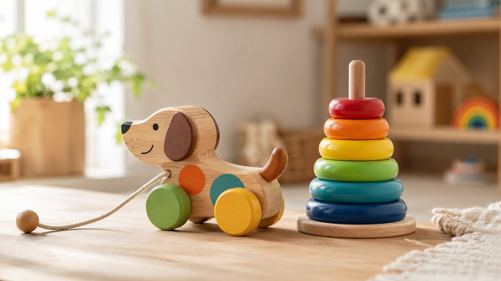 A colorful wooden toy set with a pull-along toy and a stacking ring puzzle on a wooden play surface, with a small TRUE ACoS tag.