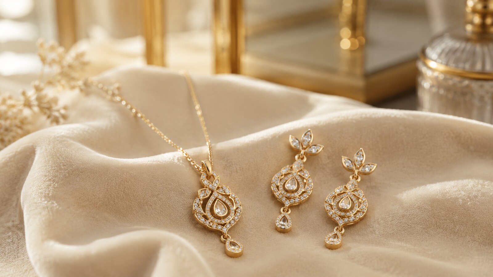 A gold pendant necklace and matching earrings on cream velvet beside a passport-style tag stamped International.