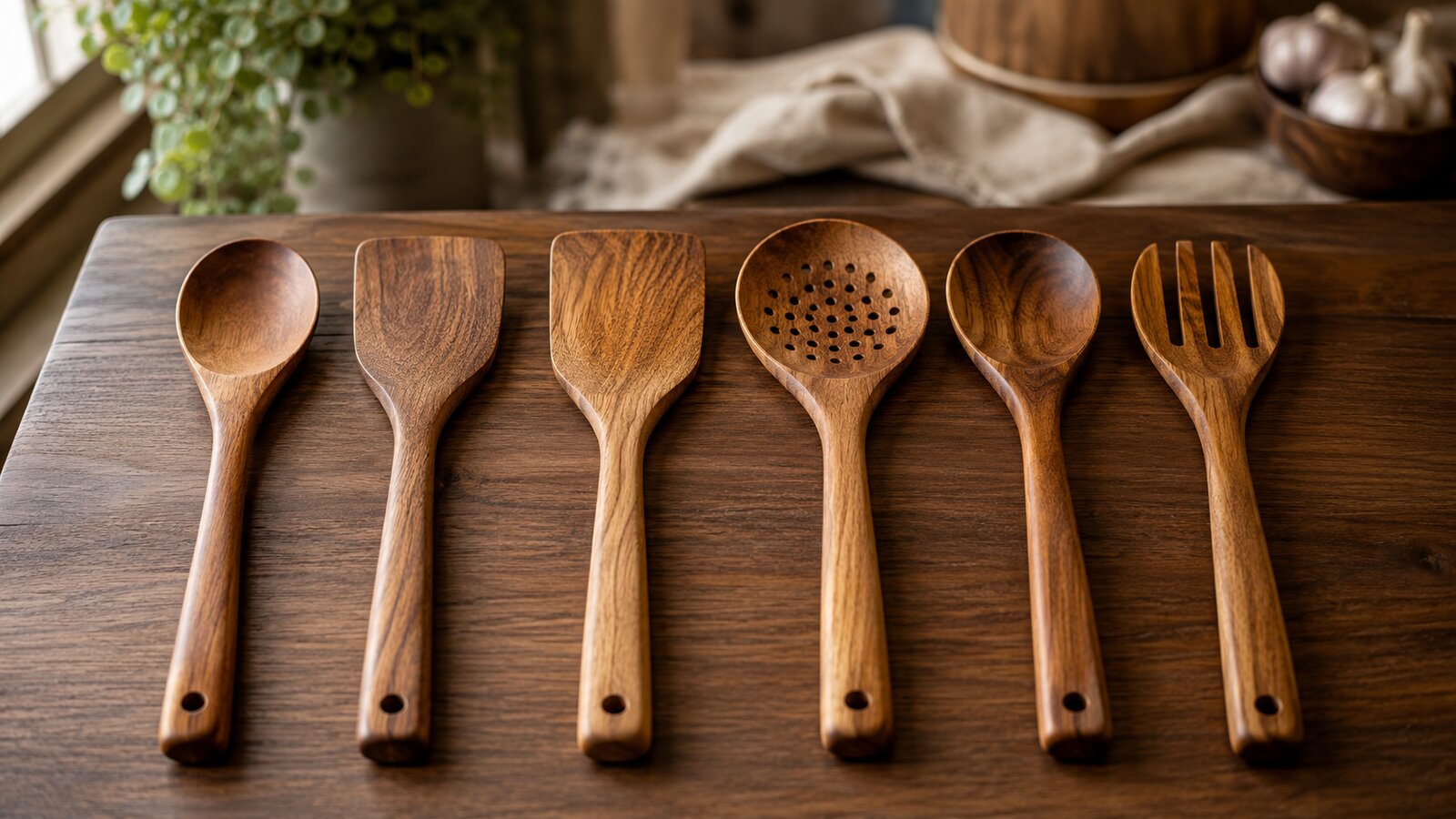 Six wooden kitchen utensils wrapped together with a kraft band on a warm walnut counter.