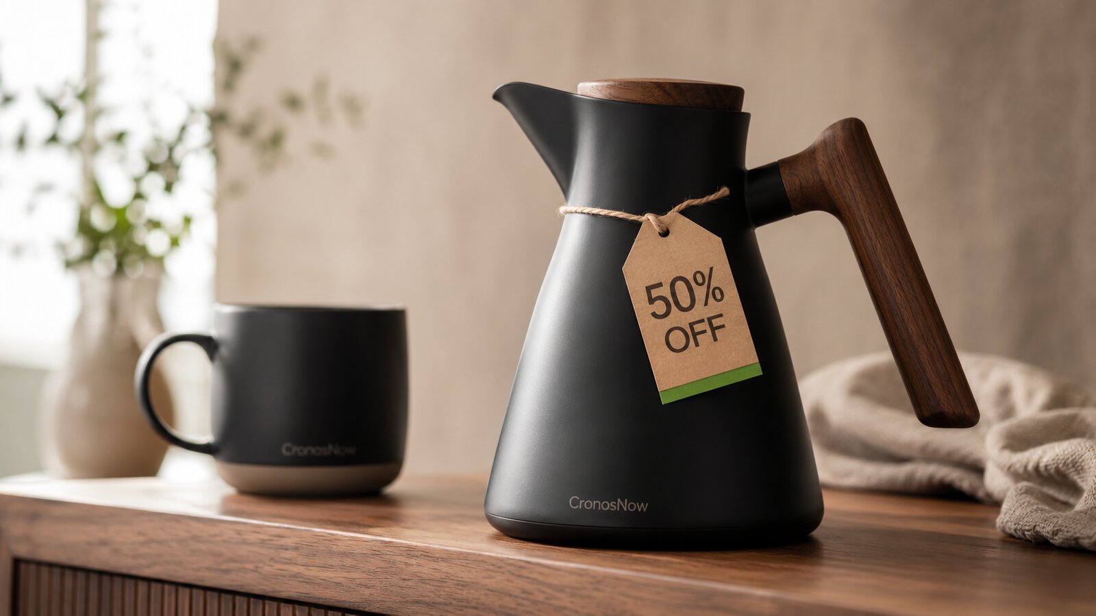 A matte-black coffee carafe with a walnut handle and a kraft tag reading 50% off.