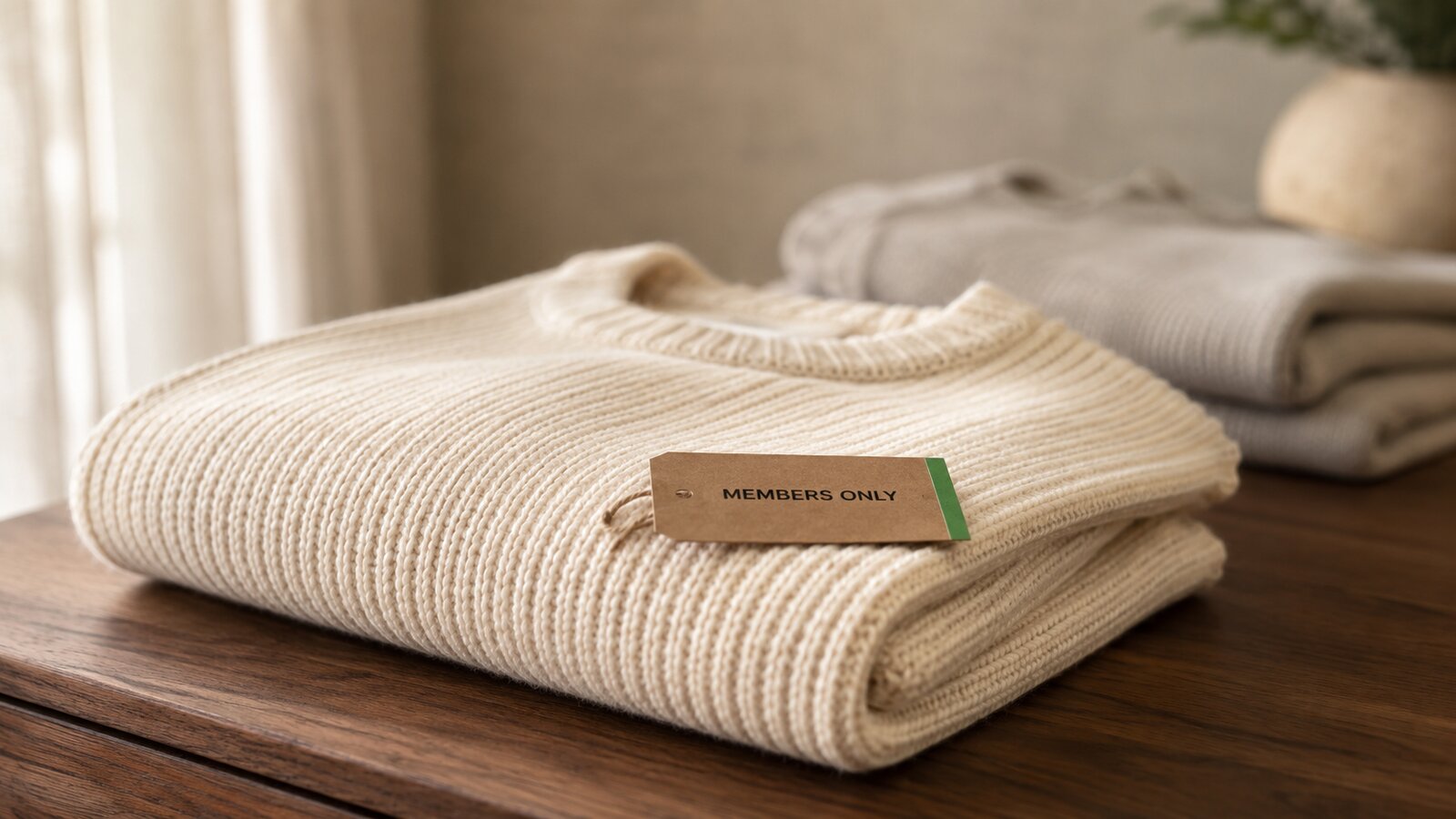 A folded cream knit sweater with a small kraft tag reading members only.