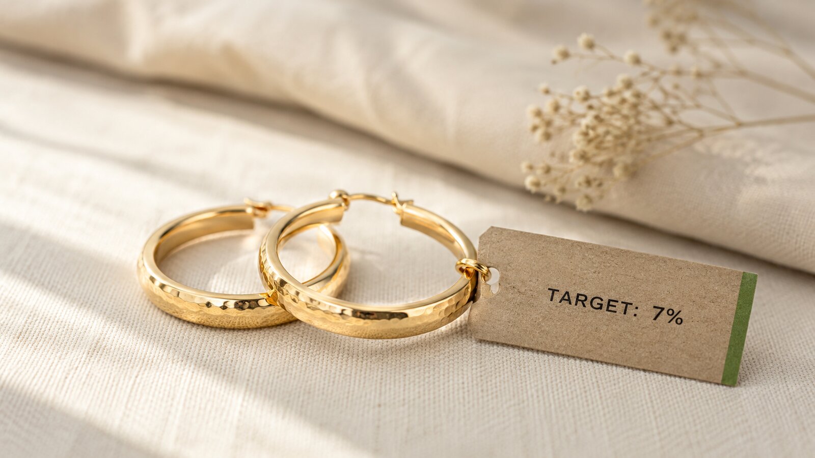 A single pair of gold hoop earrings on a light linen surface, with a small kraft tag reading TARGET: 7%.