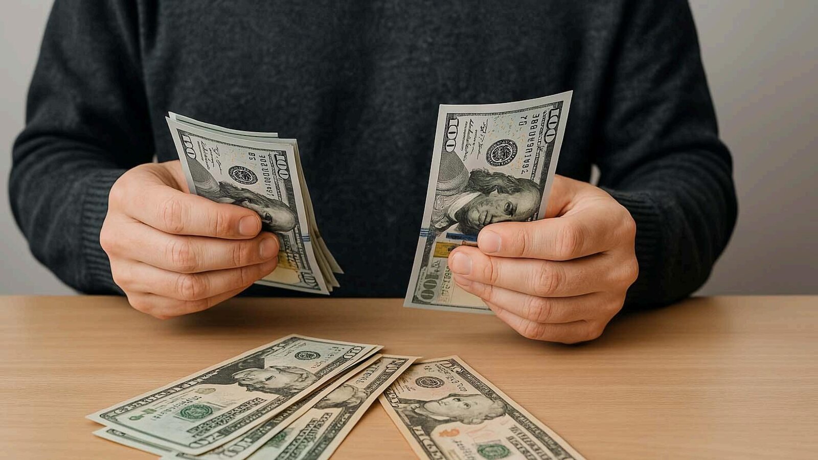 A person counting one hundred dollar bills at a desk with more cash laid out in front of them.
