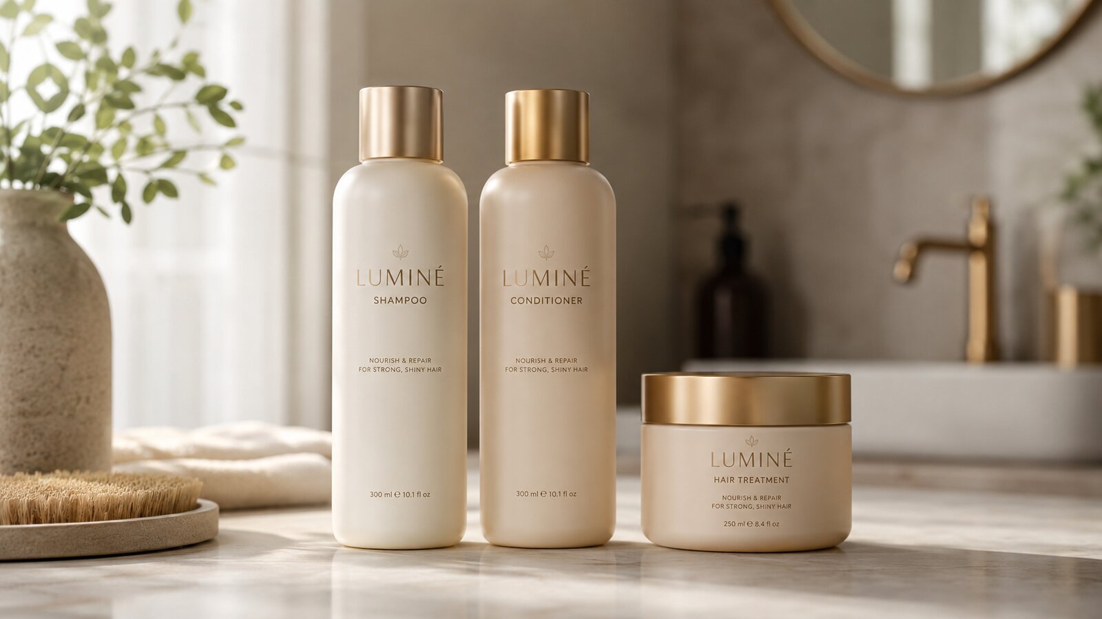 A hair care set with shampoo, conditioner and a treatment jar on a bathroom counter, with a small COHORT LTV tag.