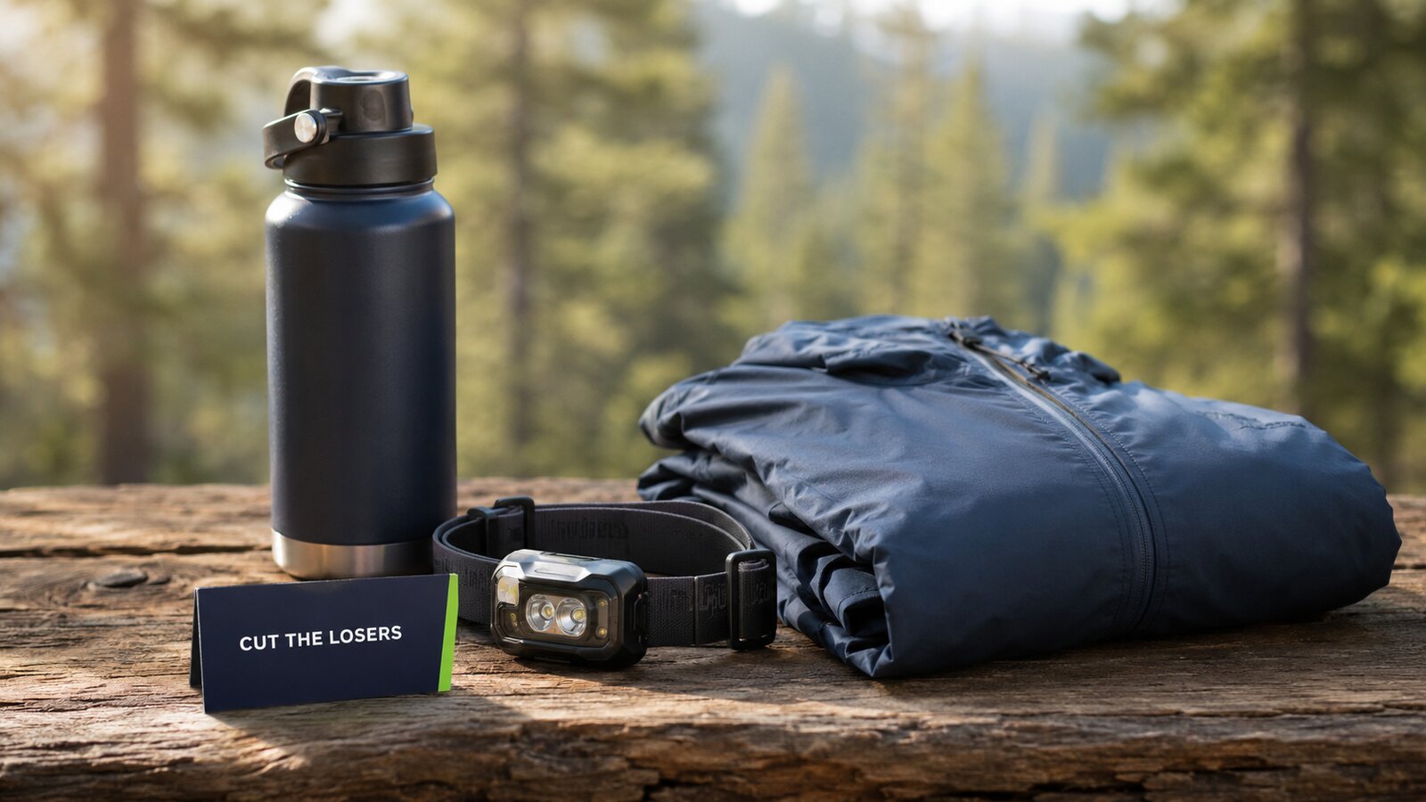 An outdoor gear set with a water bottle, headlamp and folded jacket on a rough wooden surface, with a small CUT THE LOSERS shelf tag.