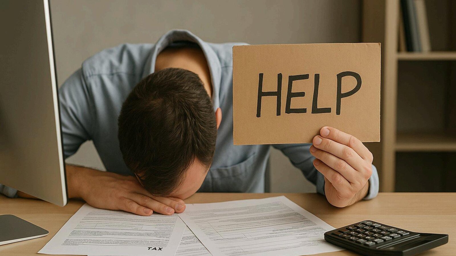 A stressed eCommerce seller resting his head on a desk of tax paperwork, holding up a handwritten HELP sign.