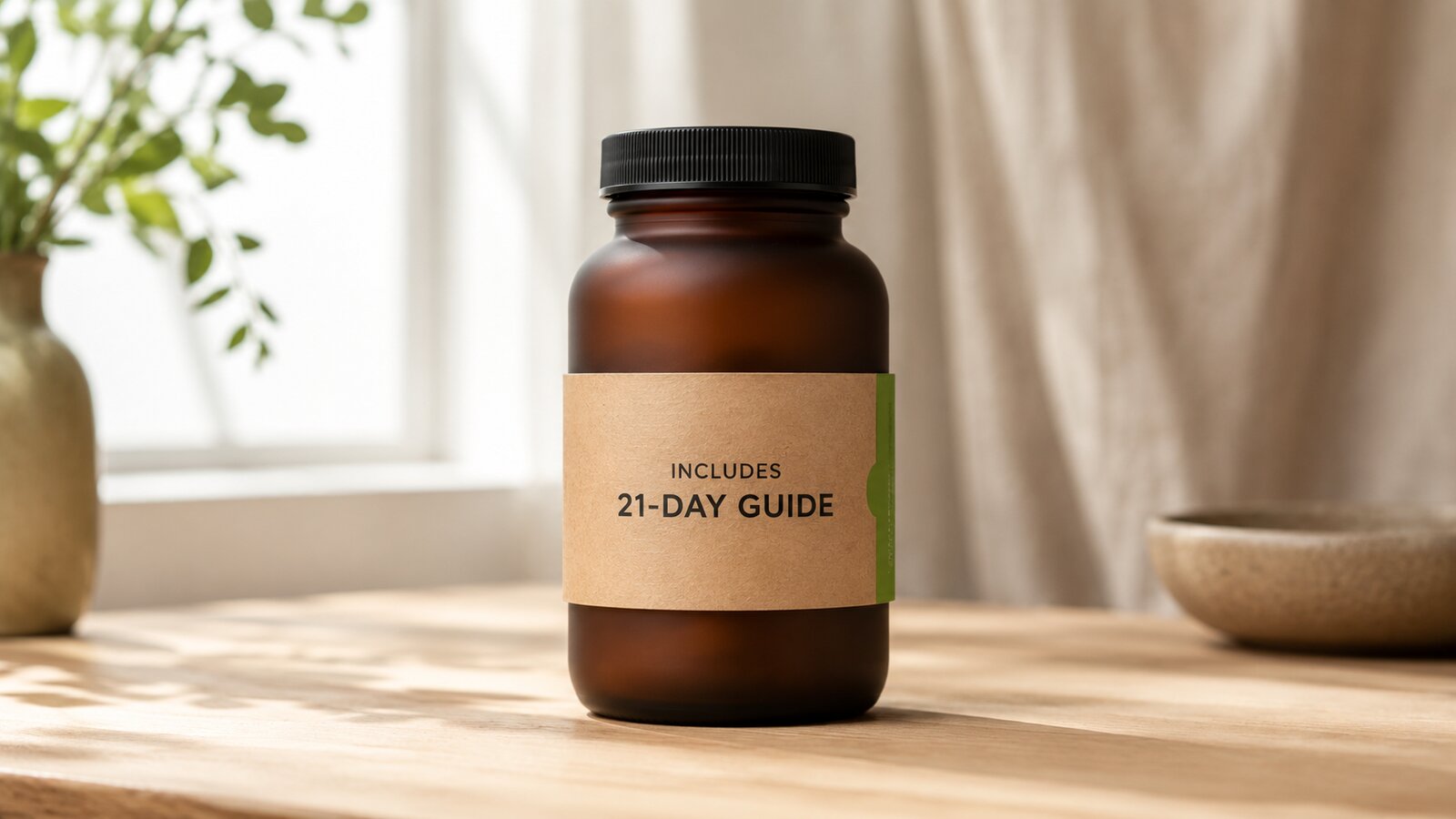 A single matte amber supplement bottle on a light wooden counter, with a small kraft sleeve reading INCLUDES 21-DAY GUIDE.