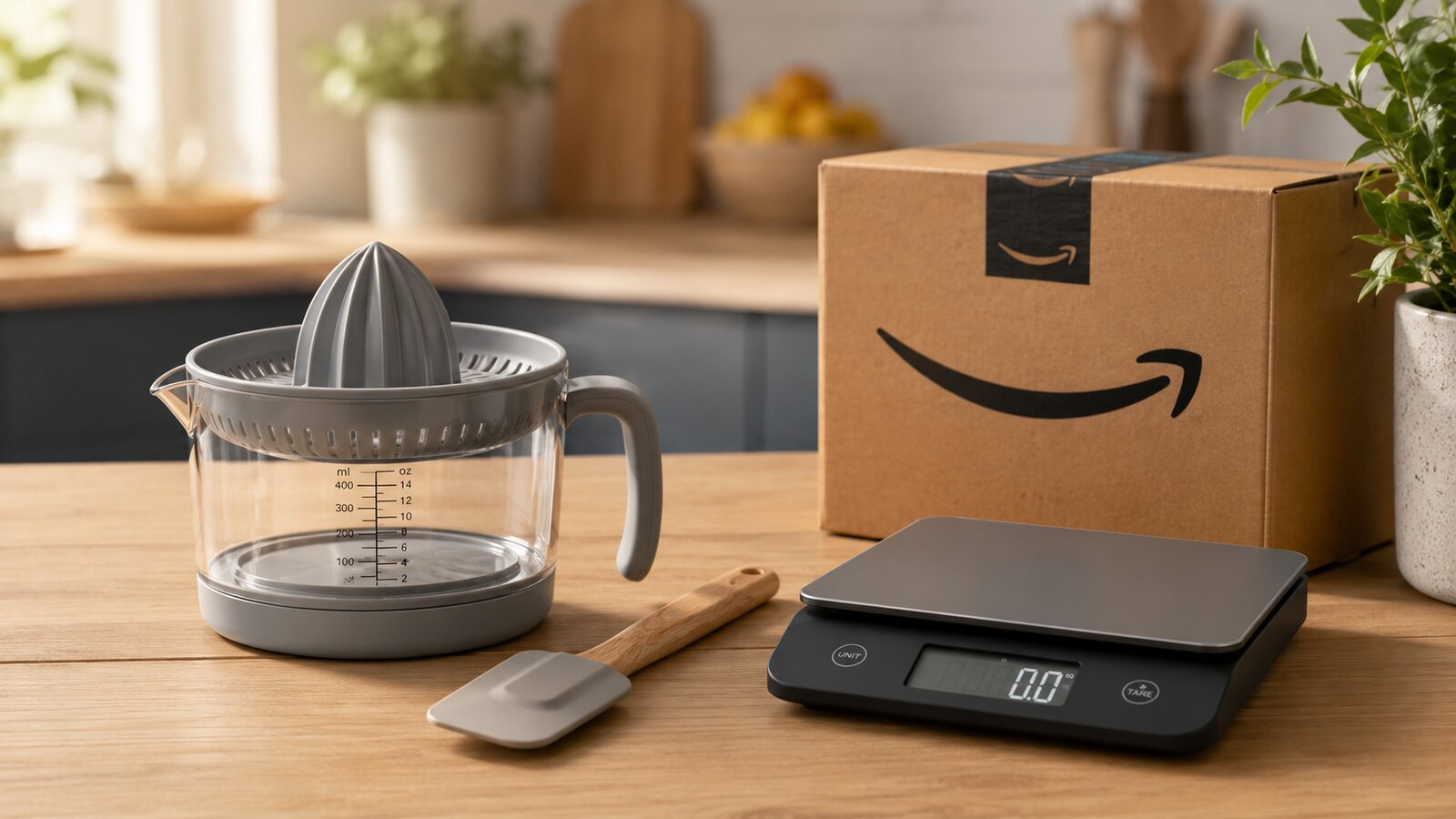 A compact kitchen gadget set on a light wooden countertop beside an Amazon shipping box.