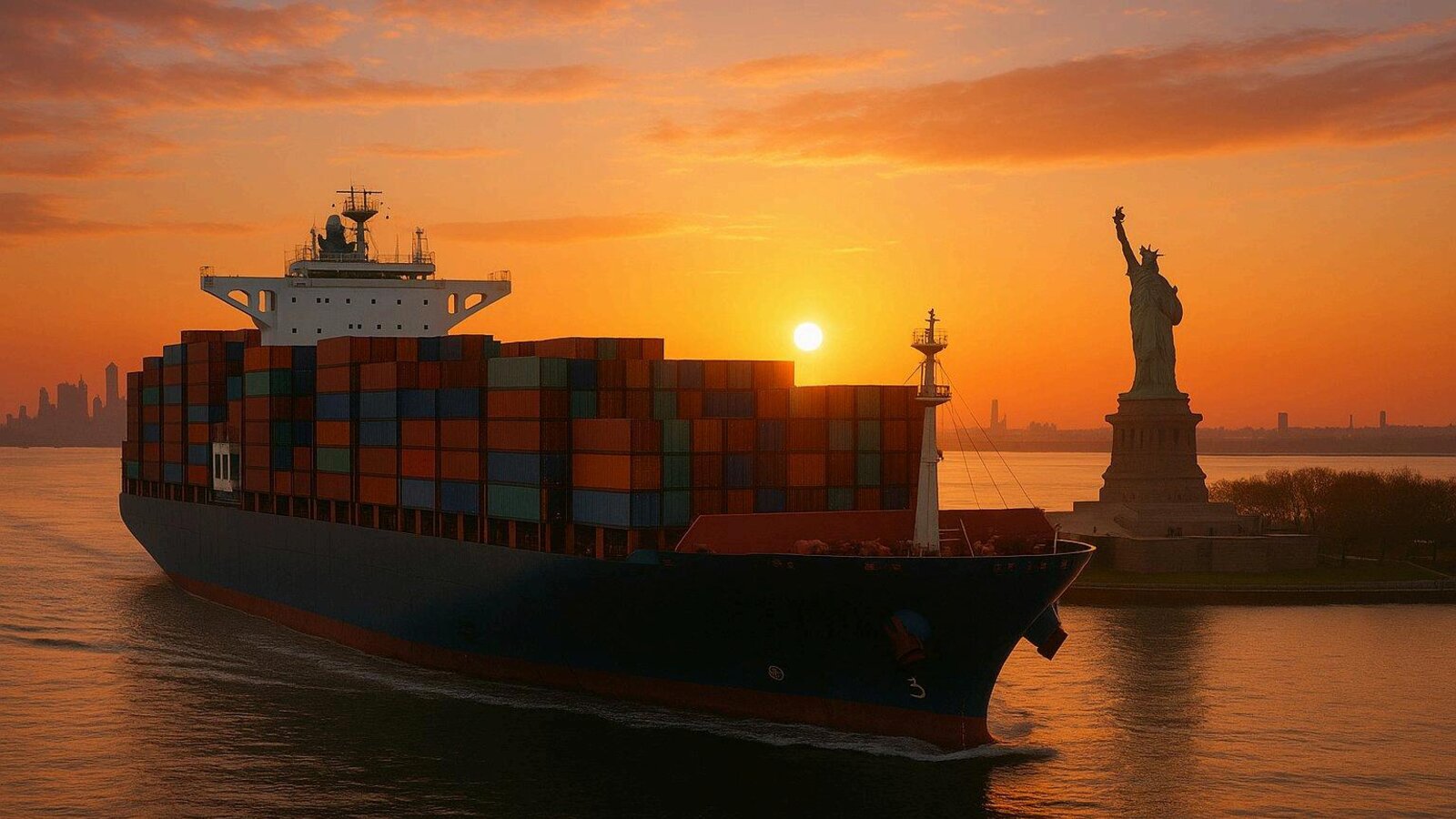 A container ship loaded with cargo sailing past the Statue of Liberty at sunset.