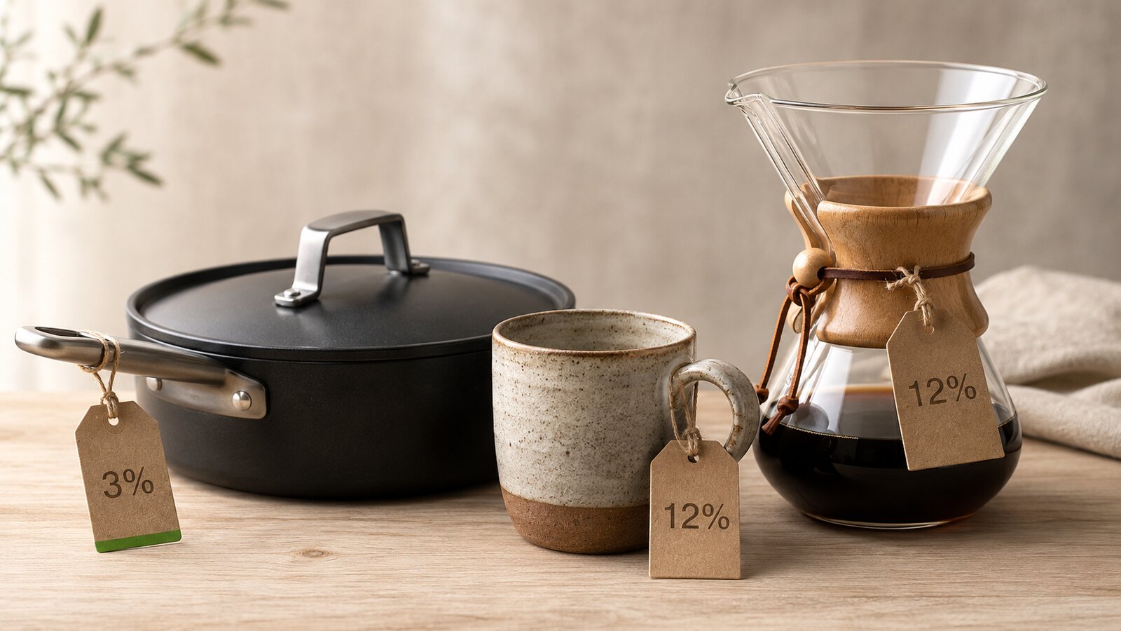 Three kitchenware items on a light wooden surface, a matte-black saute pan, a ceramic mug, and a glass pour-over coffee maker, each with a small kraft tag showing a refund-rate percentage.