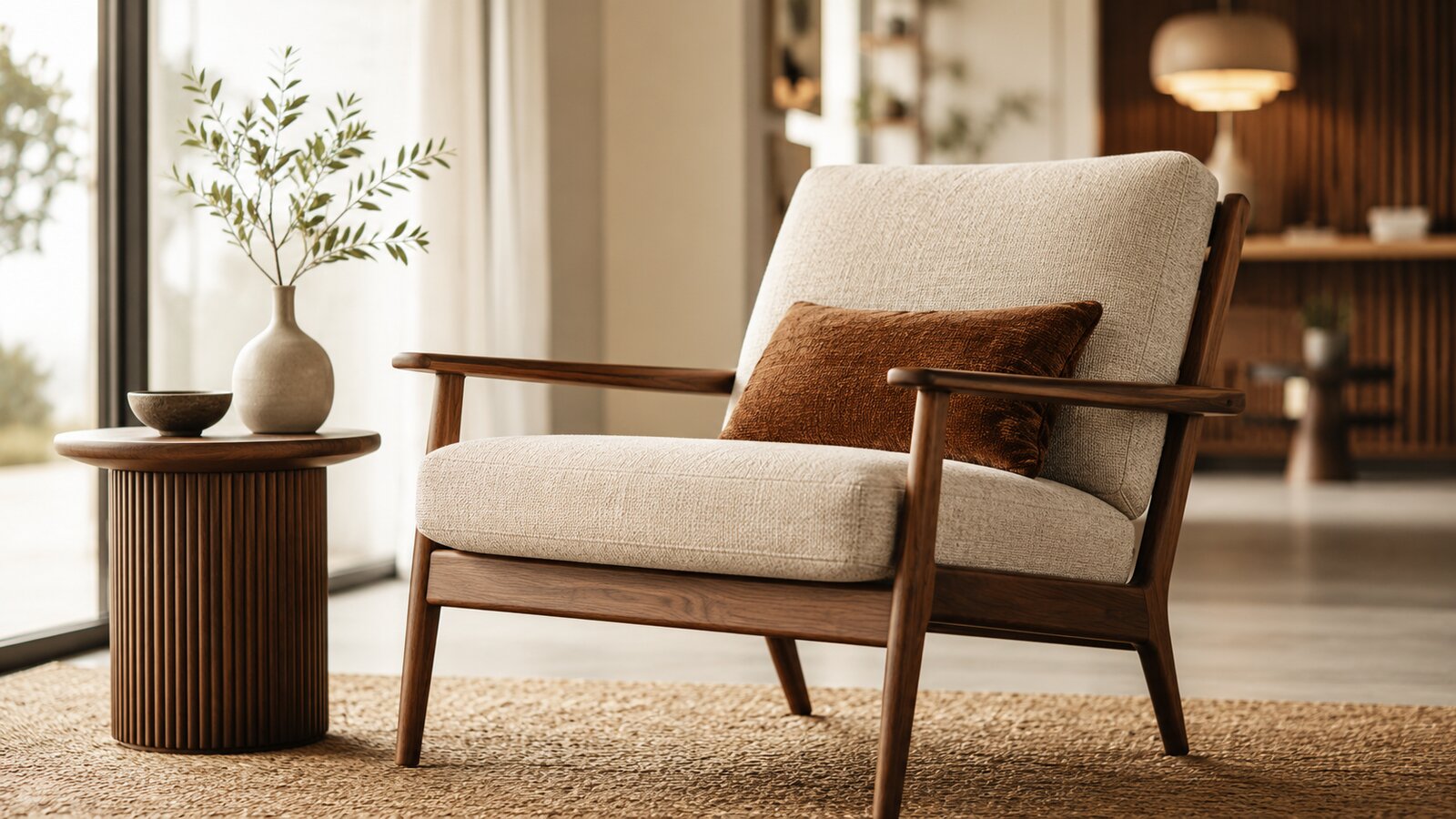 A mid-century modern armchair and small side table in a warm, airy living room.