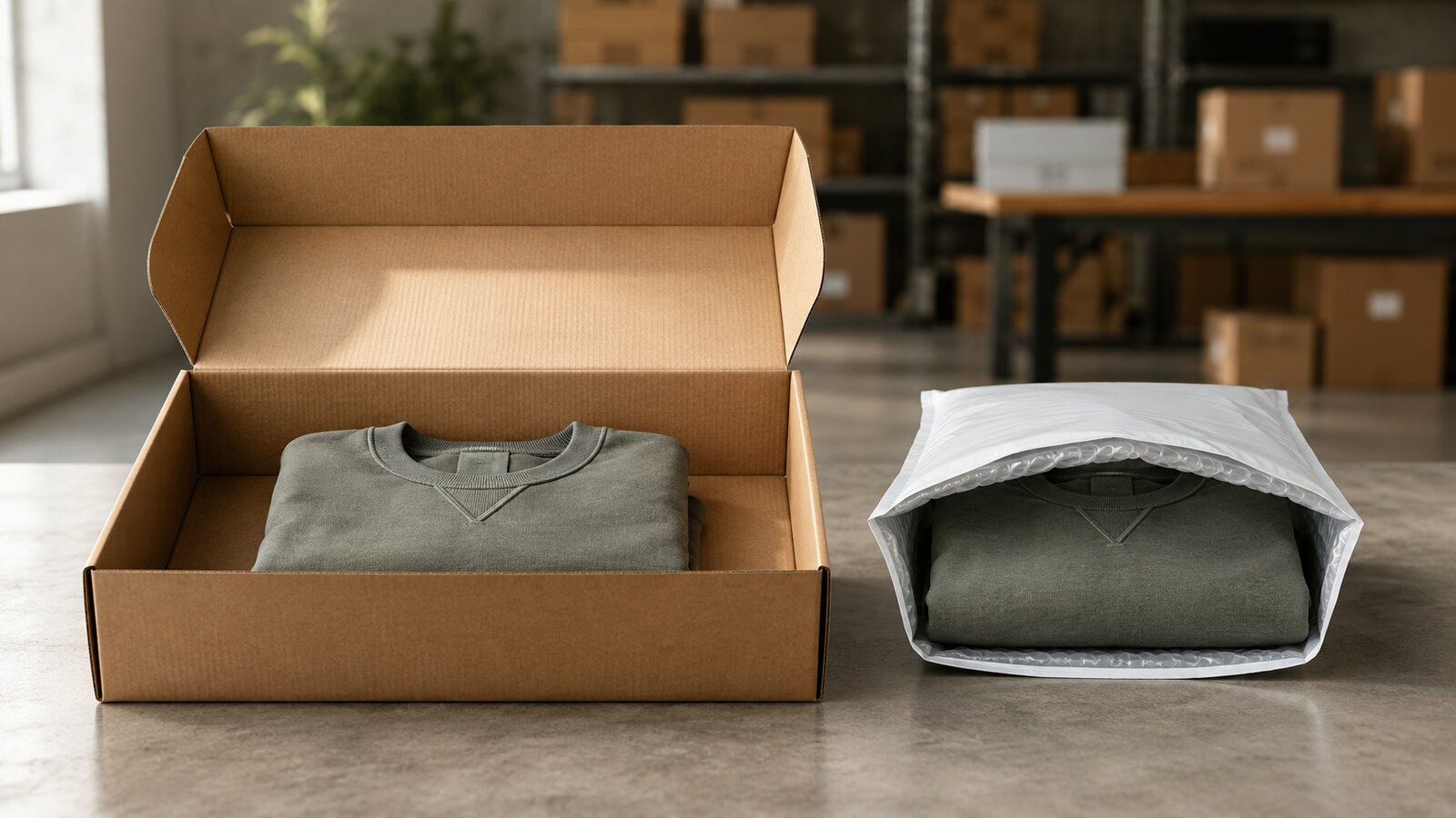 A large shipping box with empty space around a folded garment beside a compact padded mailer holding the same garment snugly.