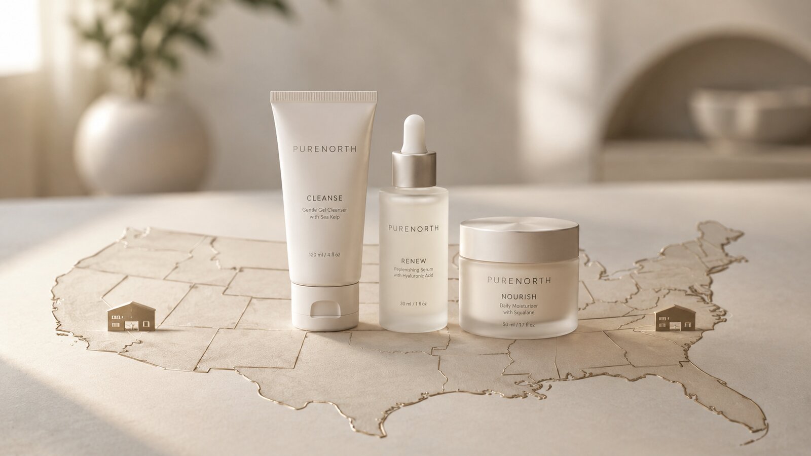 A skincare set on an outline map of the United States with two warehouse icons in the East and West.