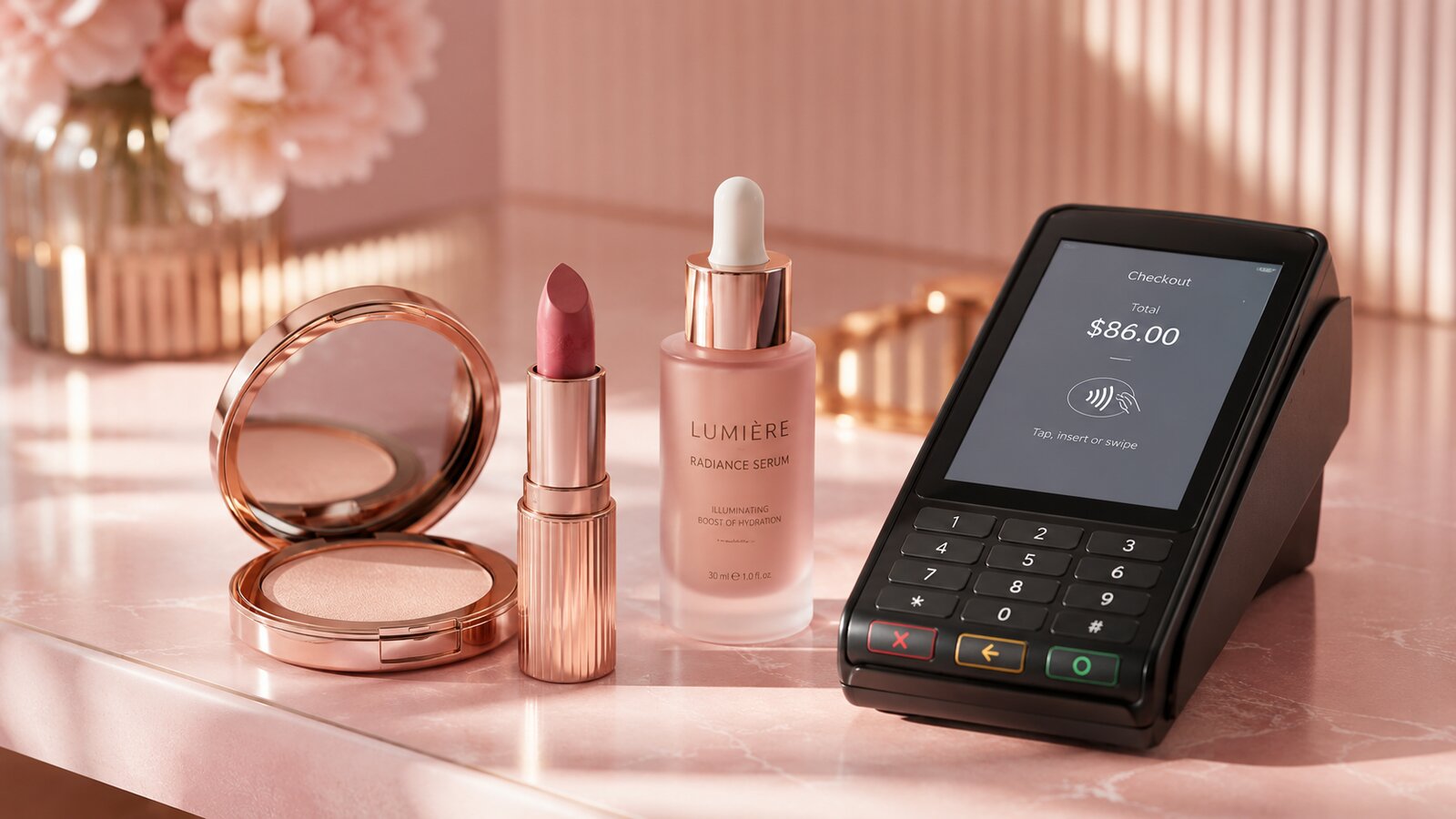 A small cosmetics set on a soft-pink surface beside a payment terminal showing a checkout screen.