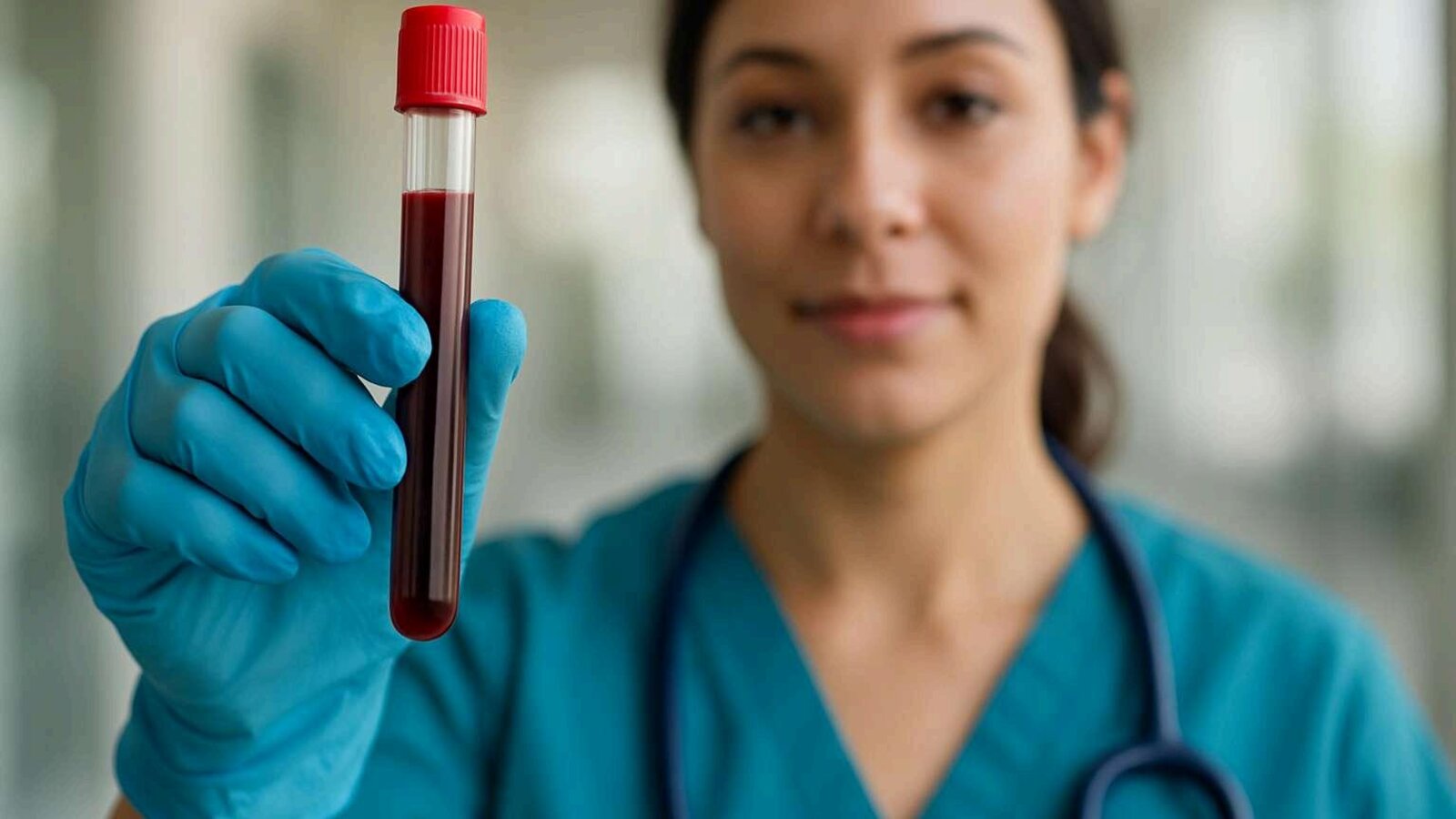 A nurse in blue gloves holding up a vial of blood for a test.