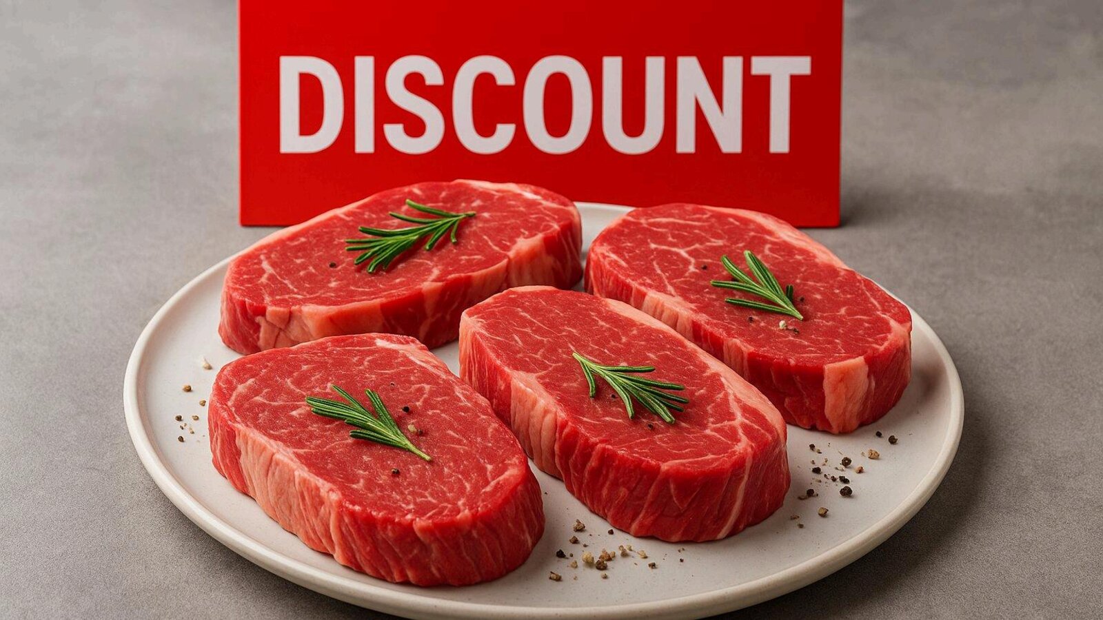 A plate of premium raw steaks in front of a bright red DISCOUNT sign.